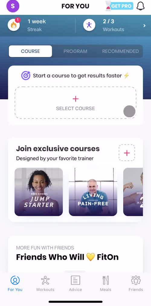 Fiton Home screen in the Discovering Content flow