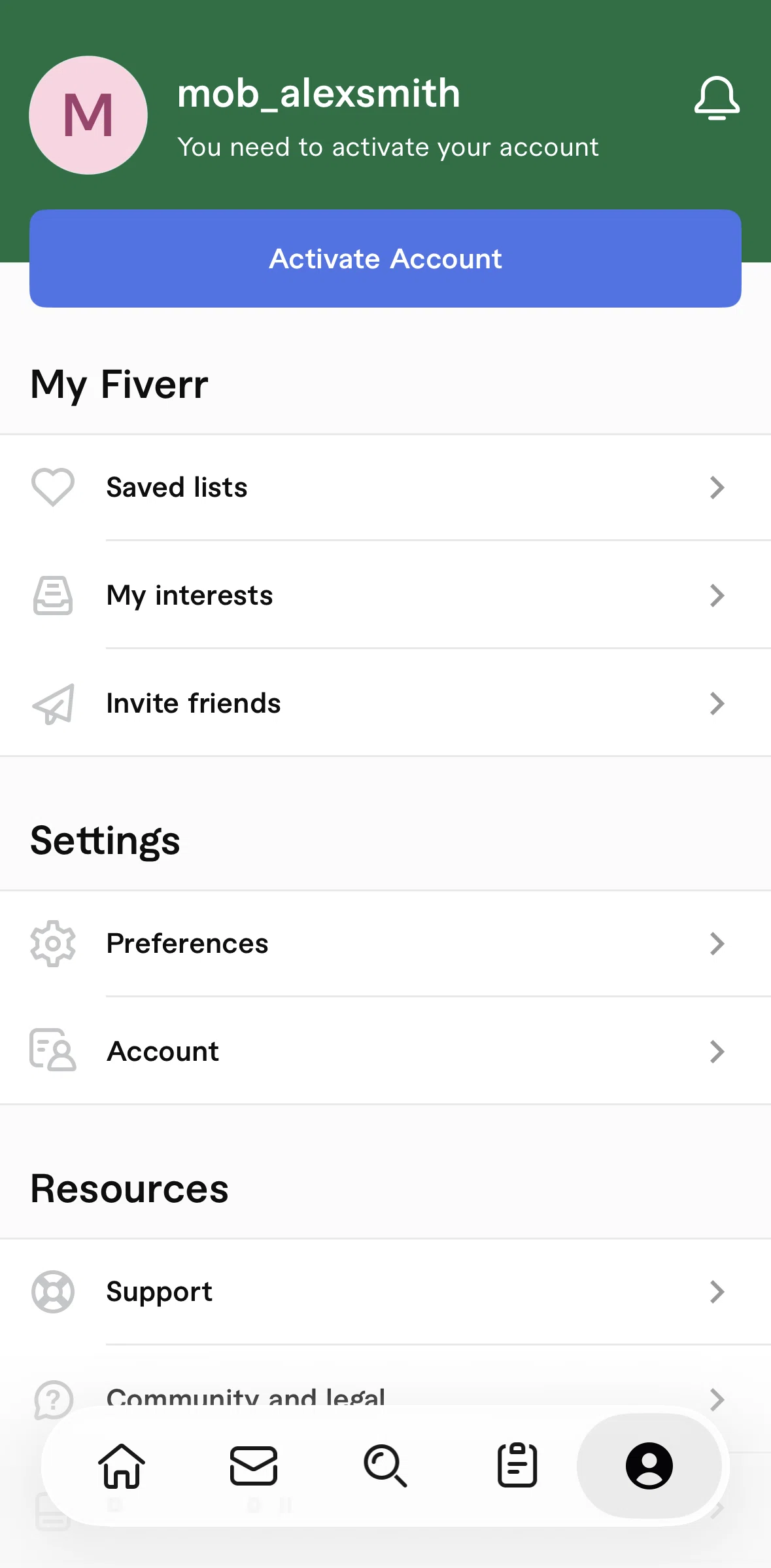 Fiverr Screen screen in the Activating an account flow