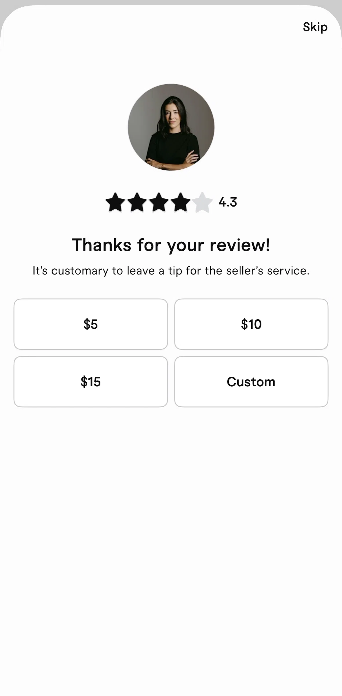 Fiverr Screen screen in the Adding a custom tip flow