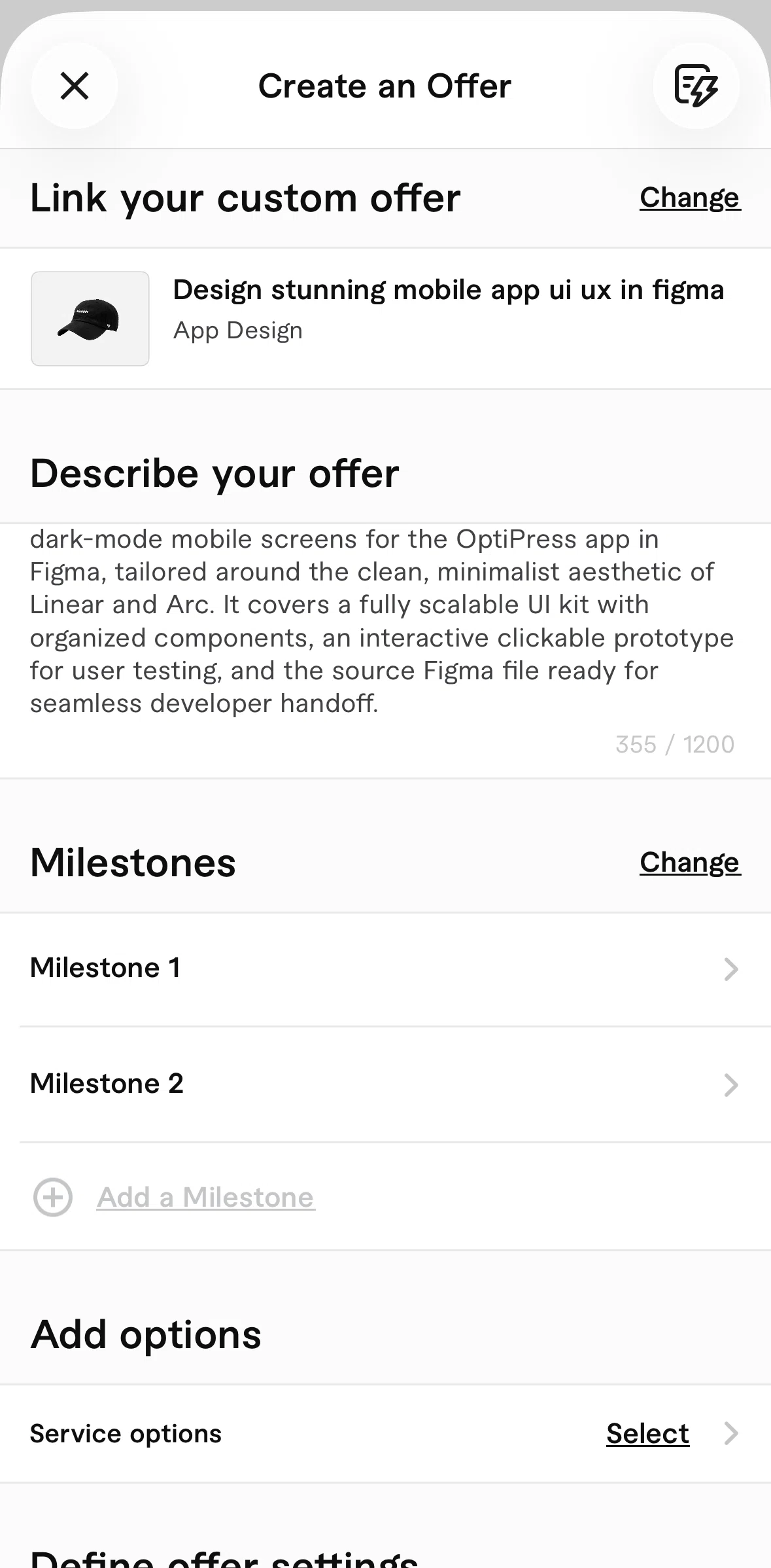 Fiverr Screen screen in the Adding a milestone flow