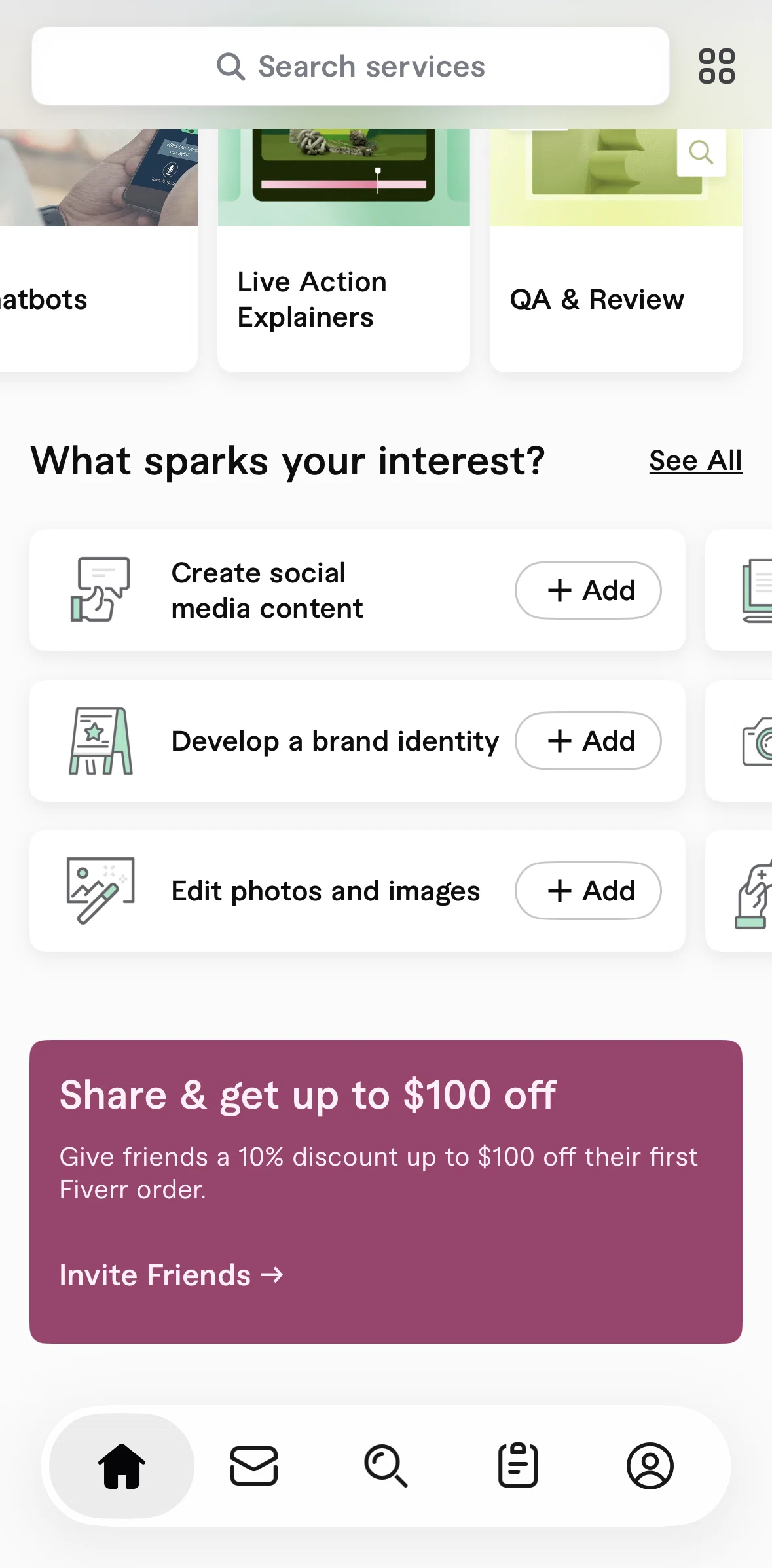 Fiverr Screen screen in the Adding an interest flow