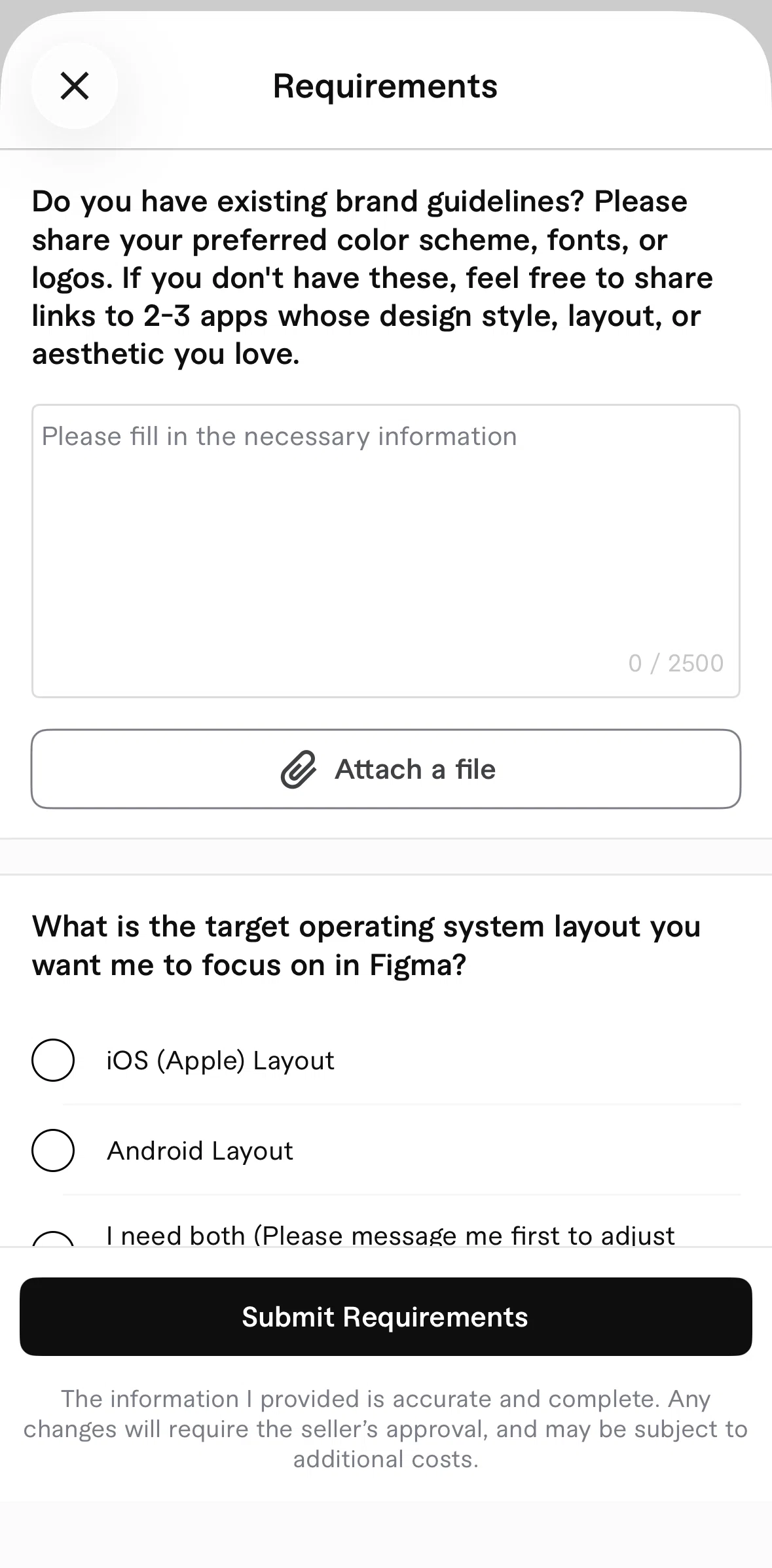 Fiverr Screen screen in the Adding requirements flow