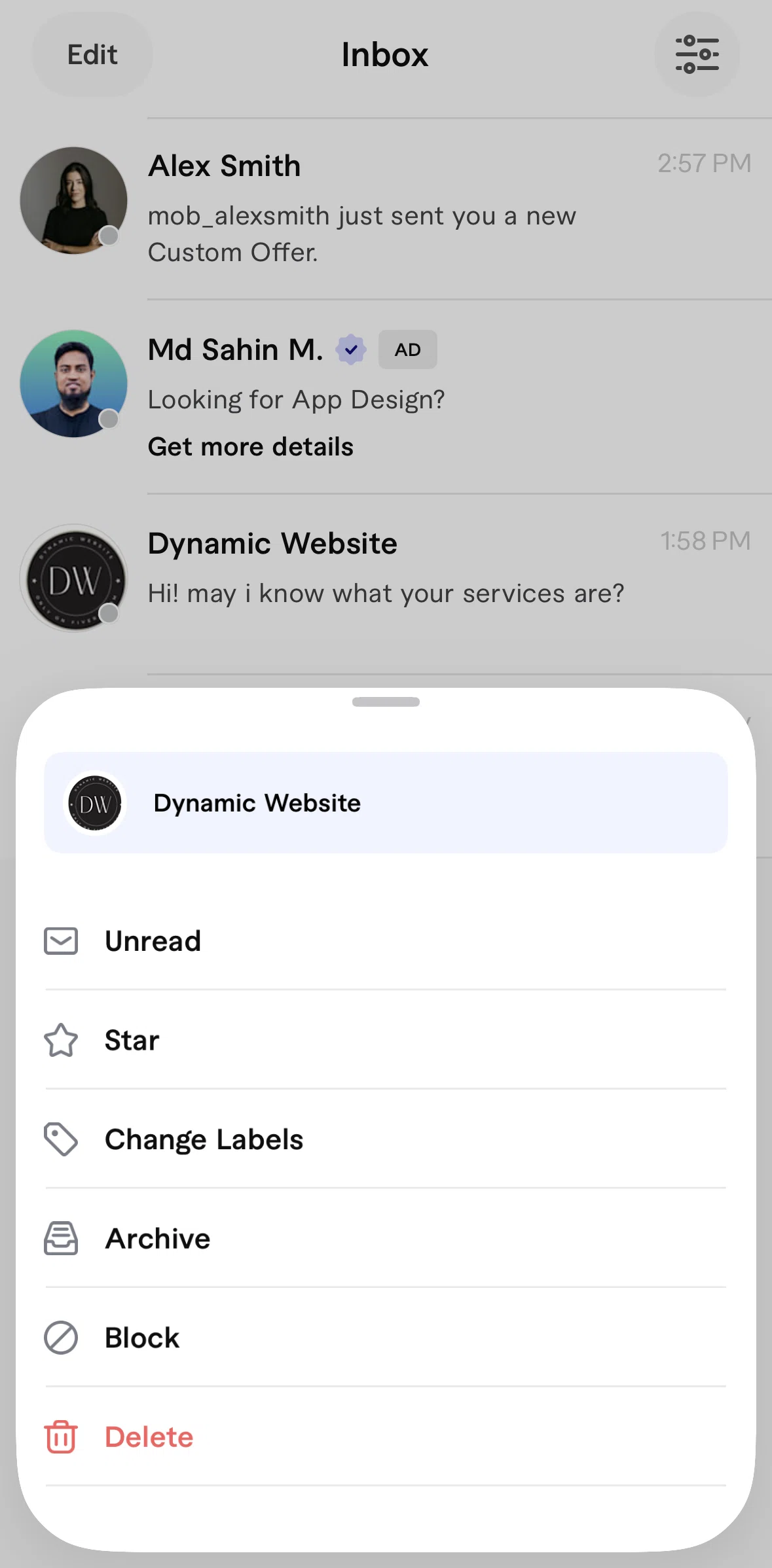 Fiverr Screen screen in the Blocking a user flow