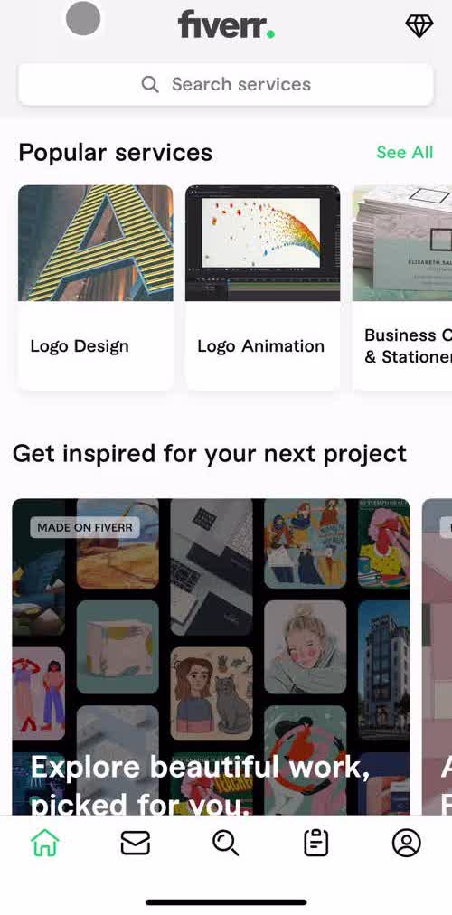 Fiverr Home screen in the Buying Something flow