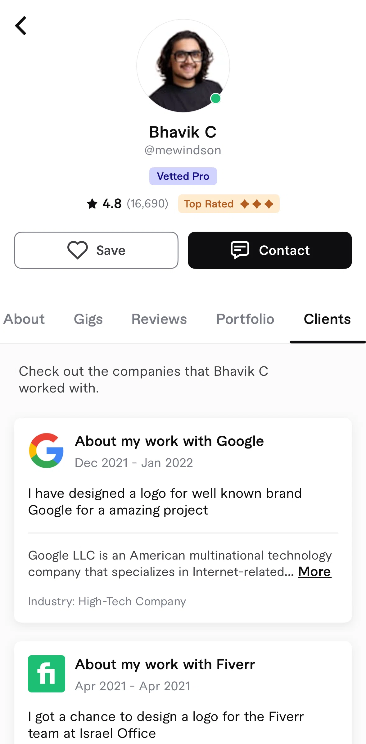Fiverr Screen screen in the Clients flow