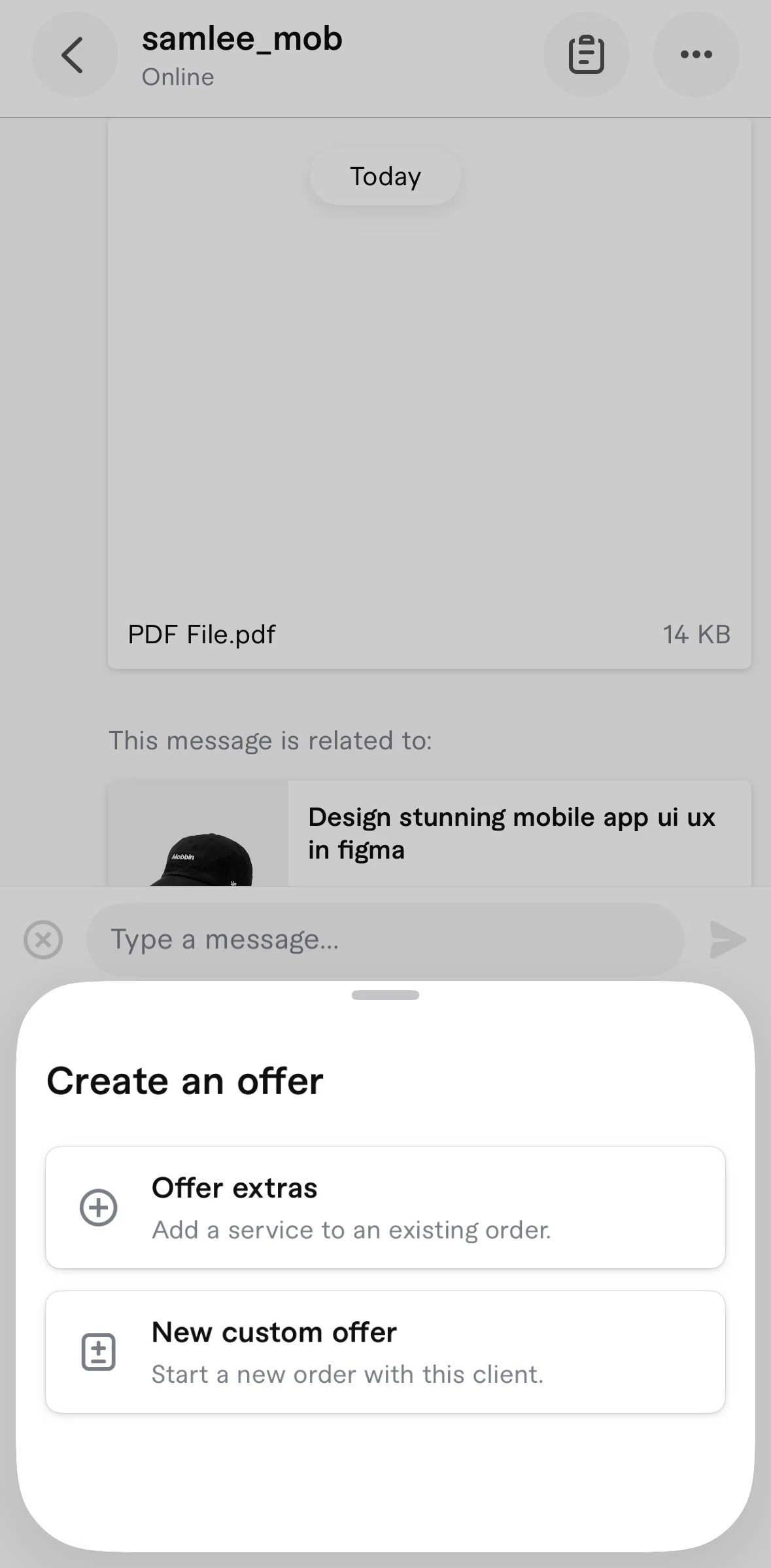 Fiverr Screen screen in the Creating a custom offer (single payment) flow