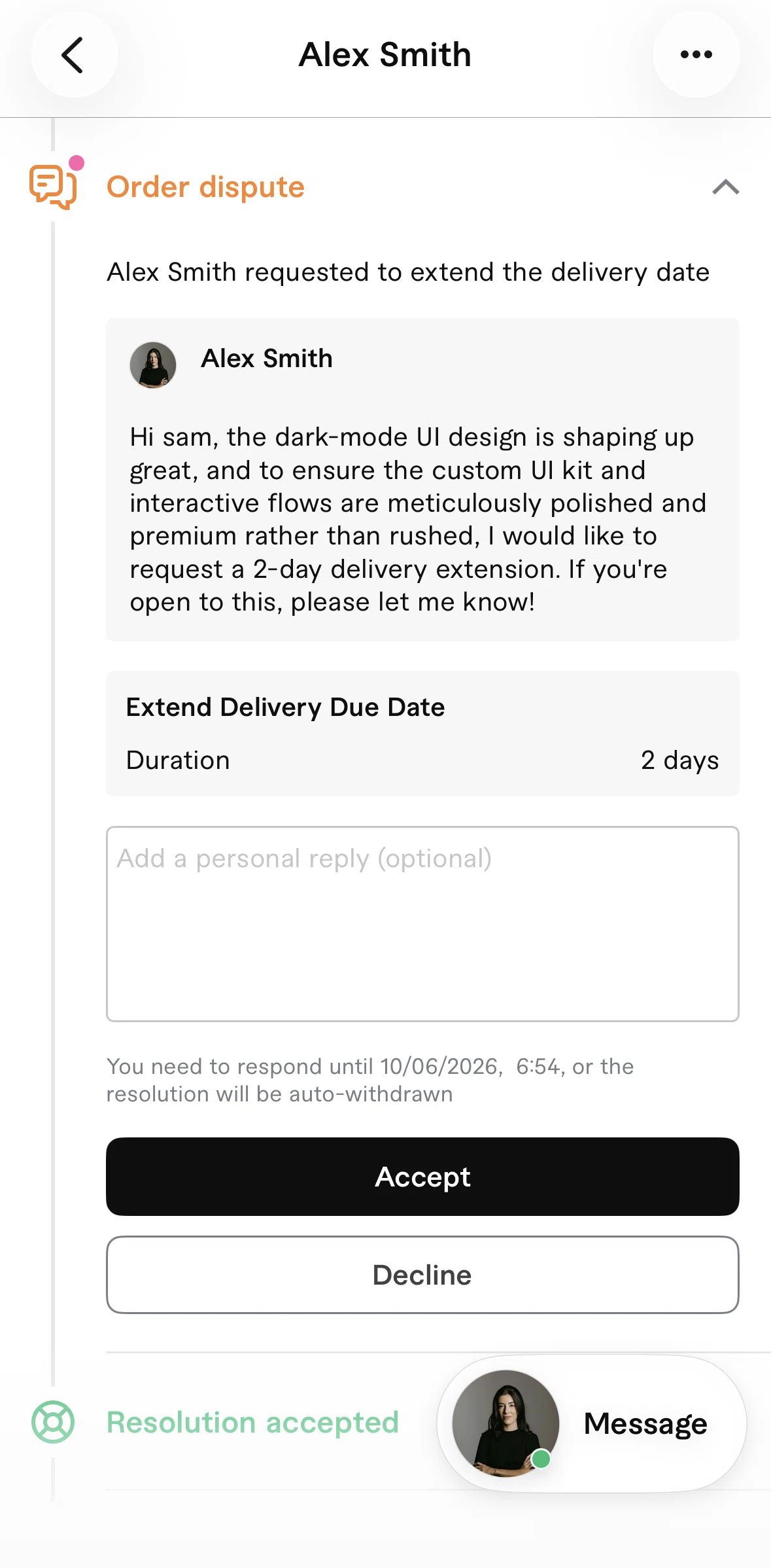 Fiverr Screen screen in the Declining a delivery extend request flow