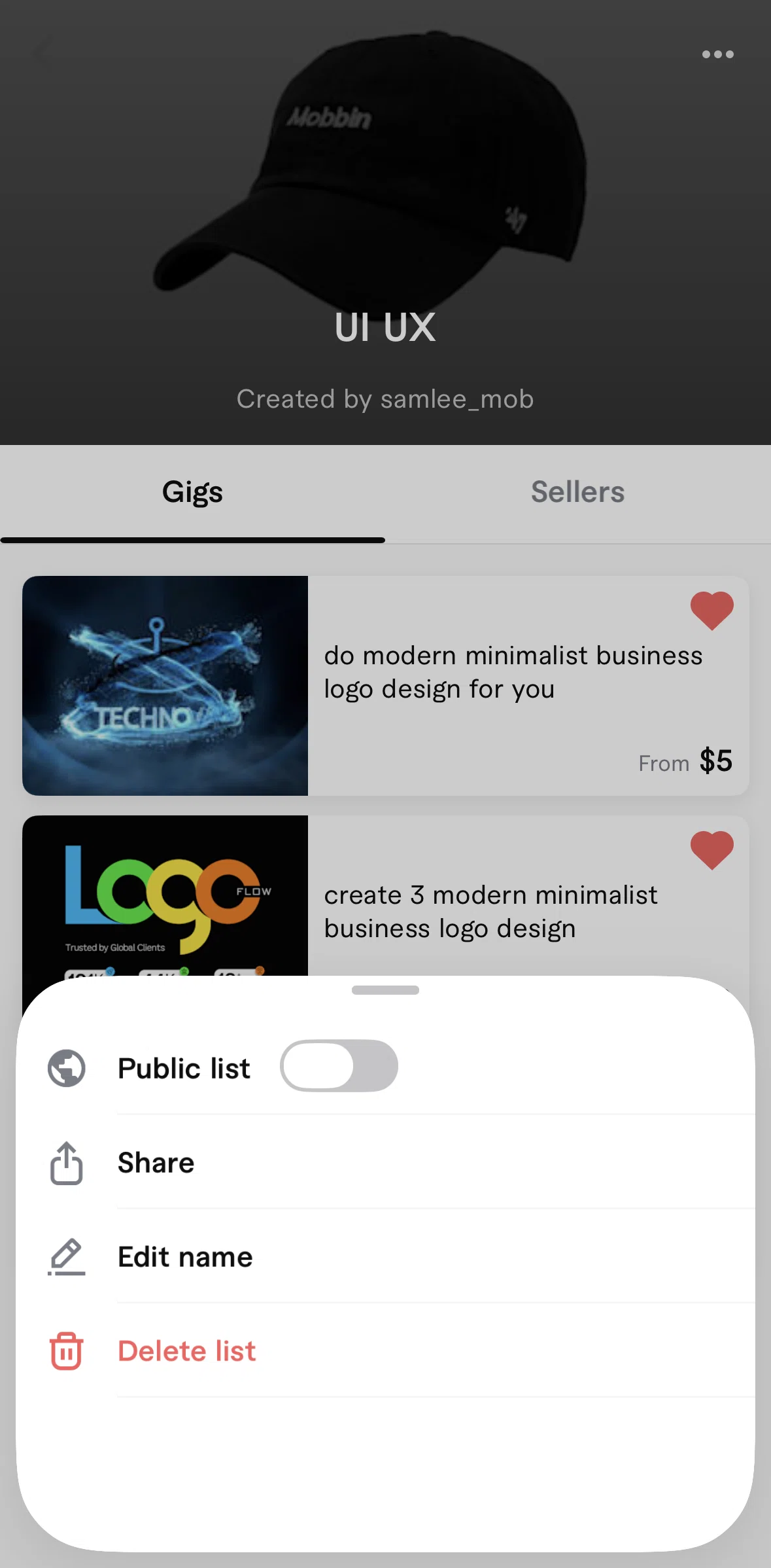 Fiverr Screen screen in the Deleting a list flow