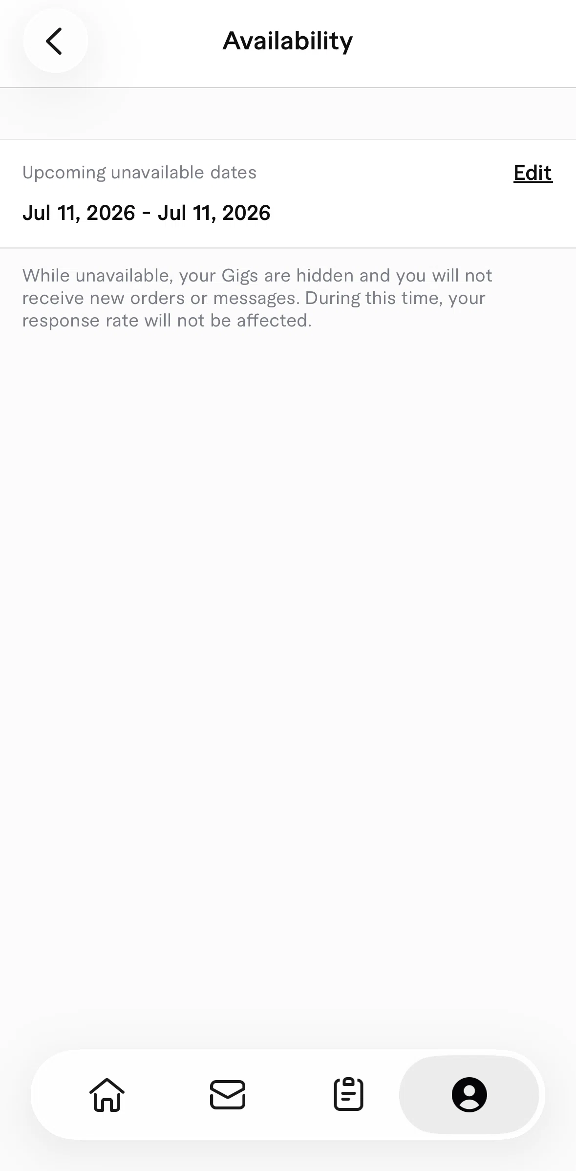 Fiverr Screen screen in the Deleting scheduled dates flow