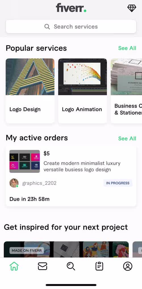 Fiverr Home screen in the Discovering Content flow