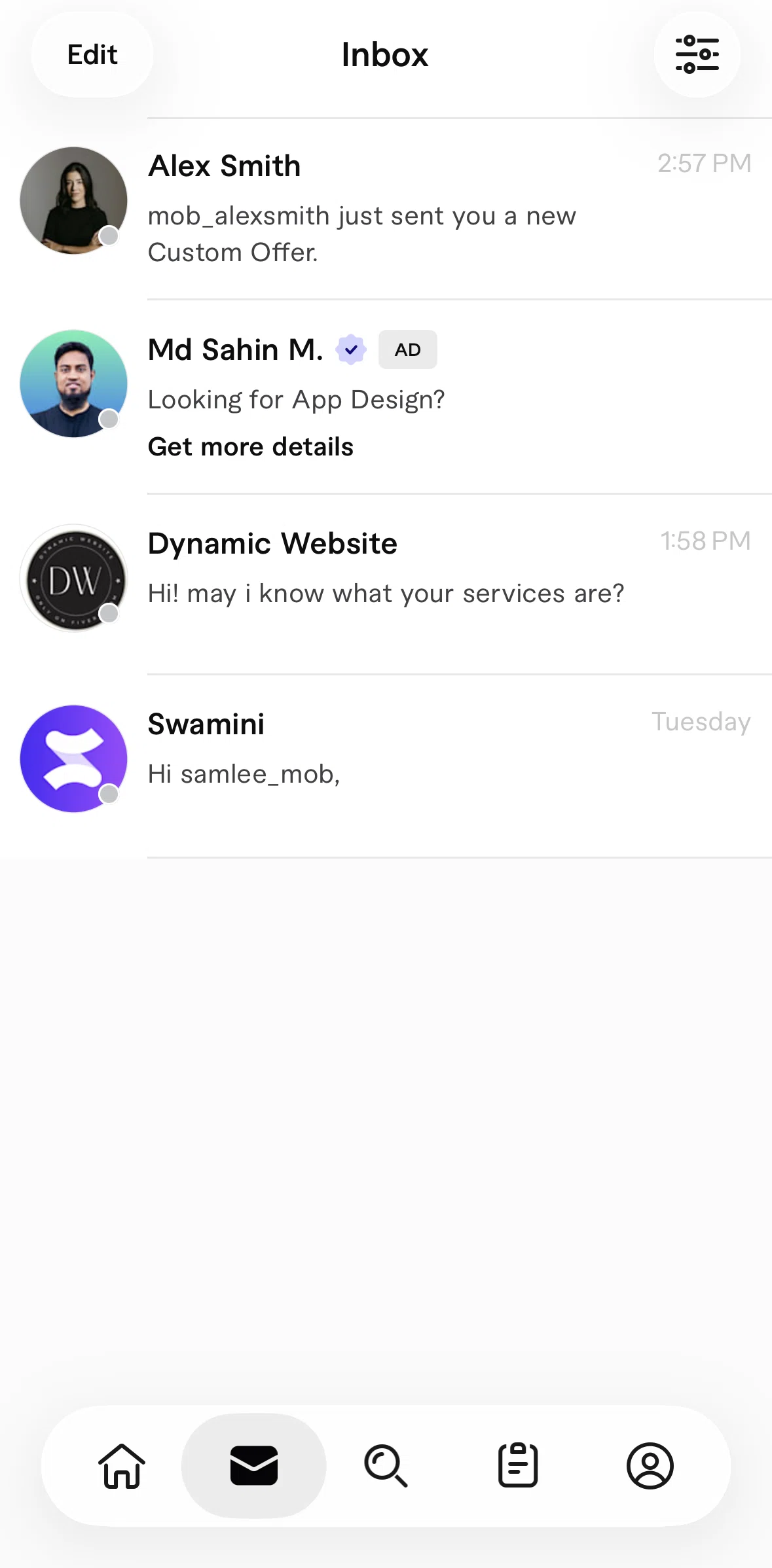 Fiverr Screen screen in the Filtering chats flow