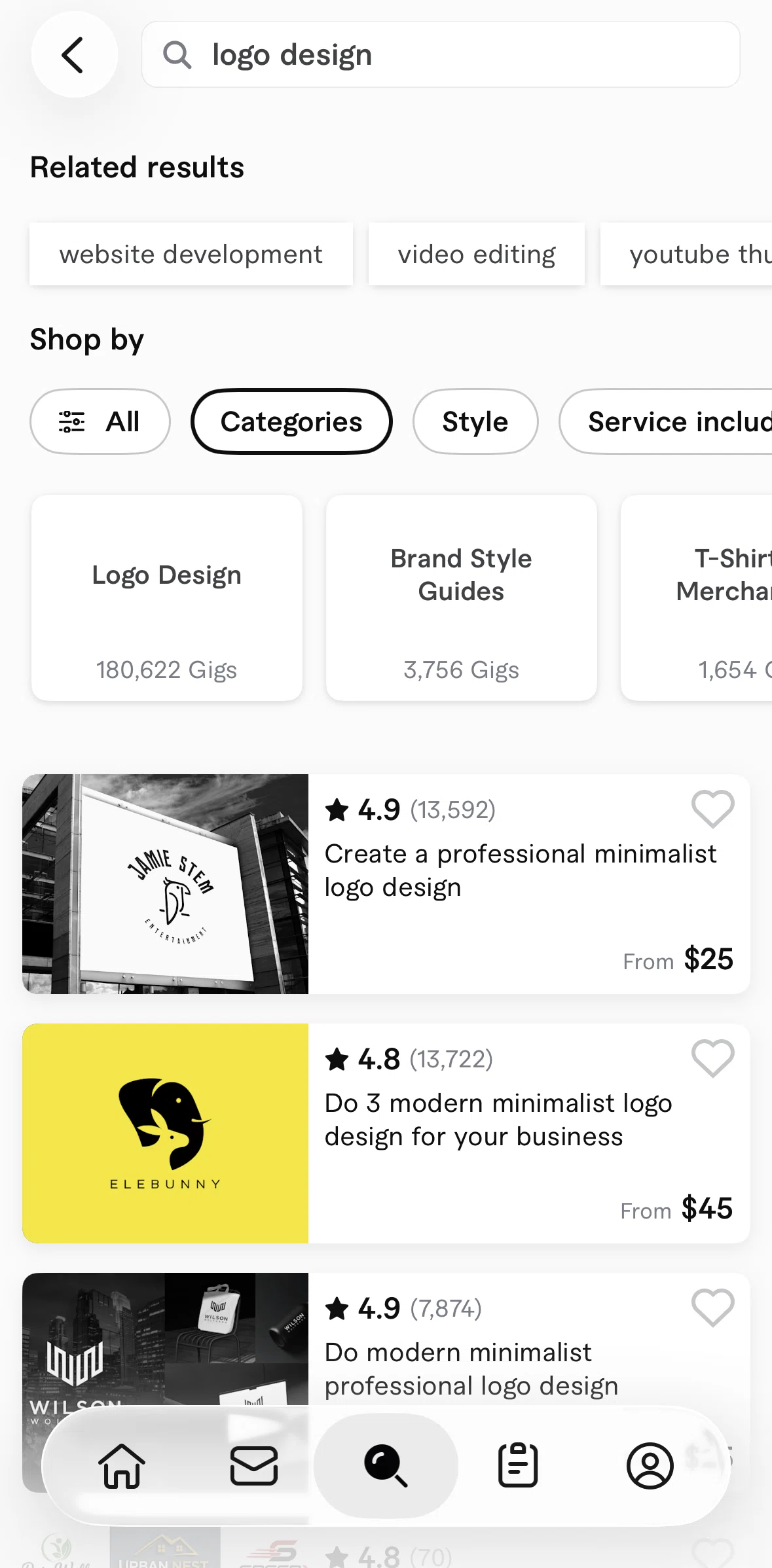 Fiverr Screen screen in the Filtering services flow
