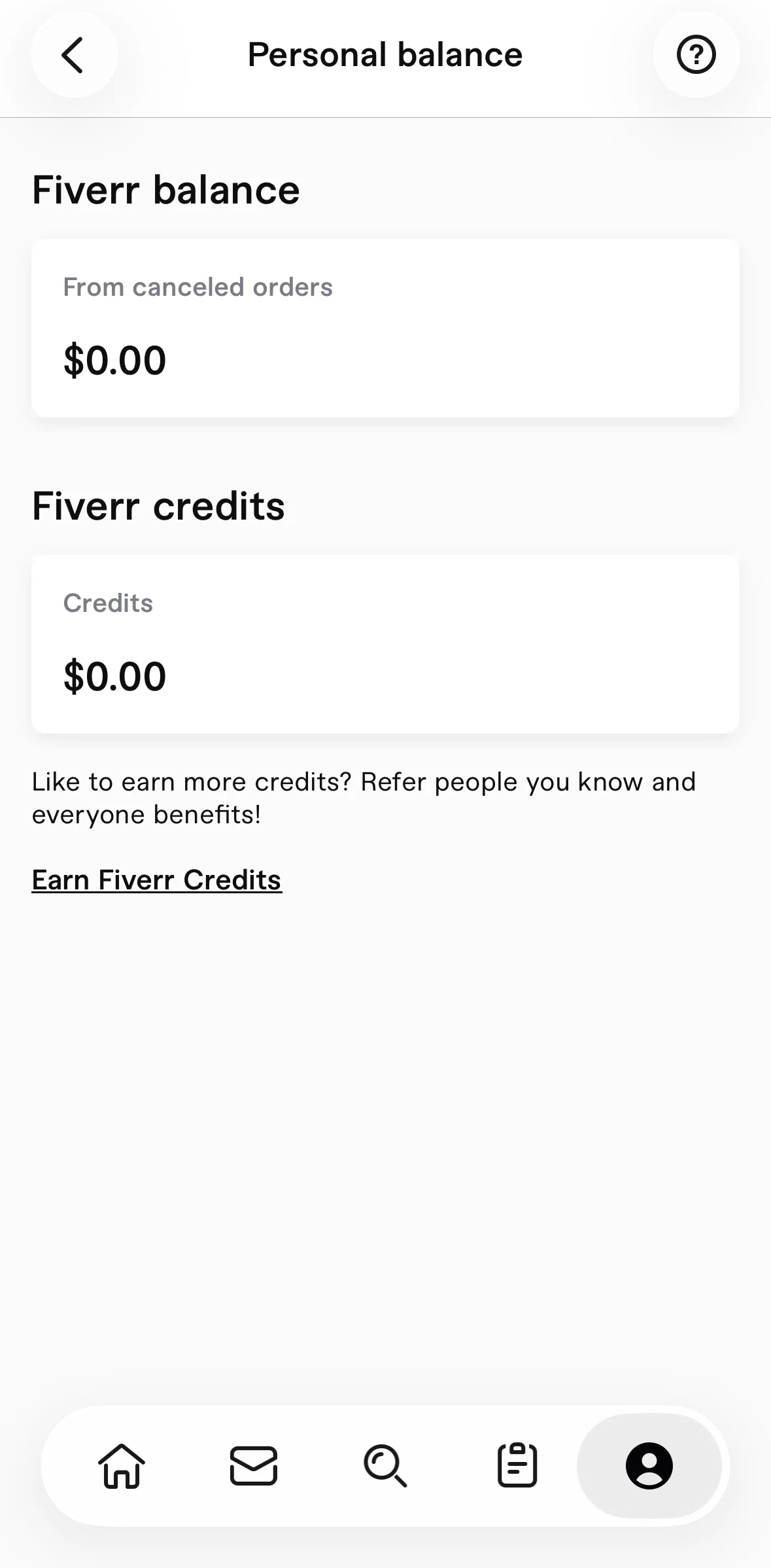 Fiverr Screen screen in the Fiverr credits information flow