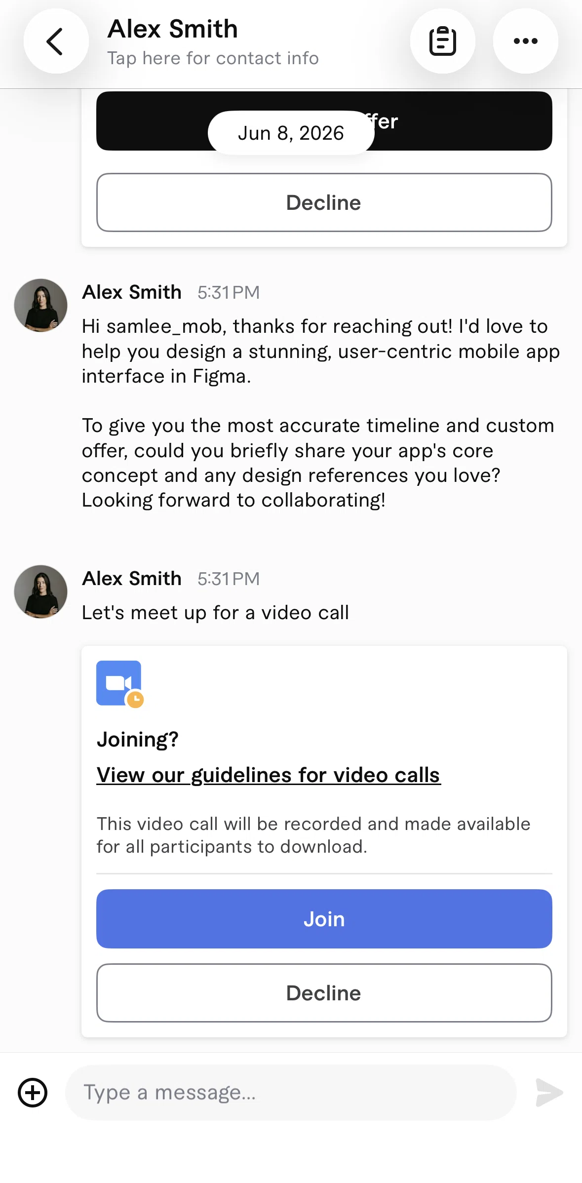 Fiverr Screen screen in the Forwarding a message flow