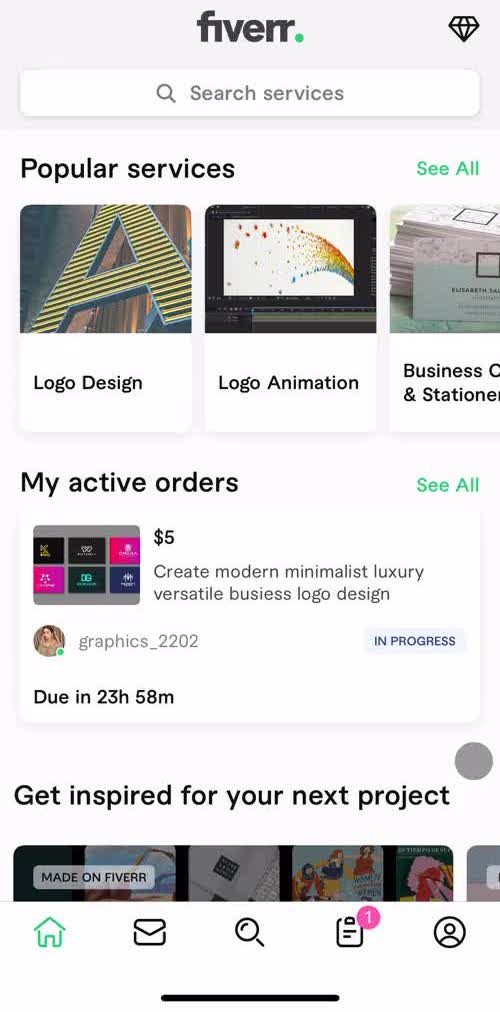 Fiverr Home screen in the General Browsing flow
