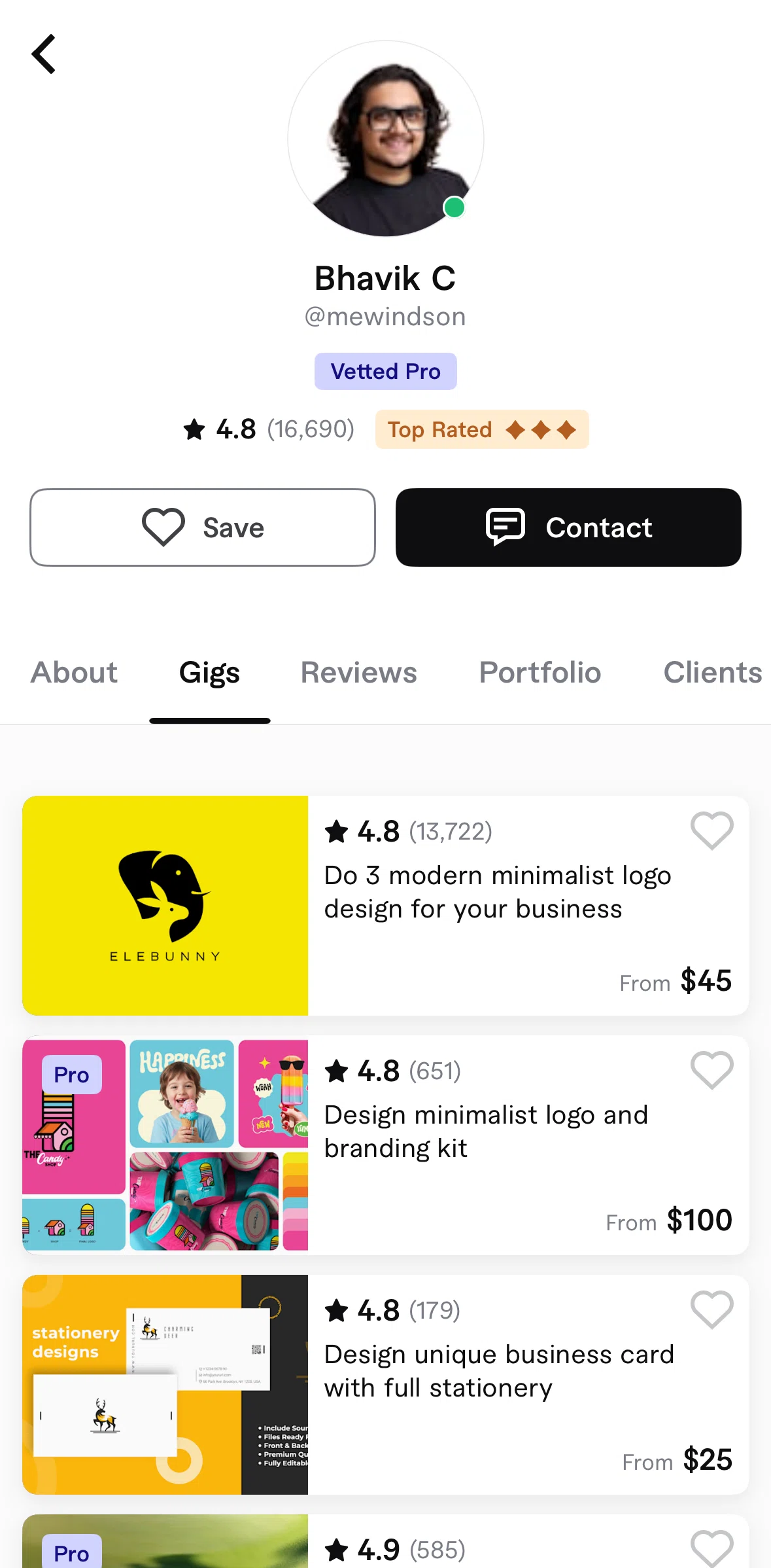 Fiverr Screen screen in the Gigs flow