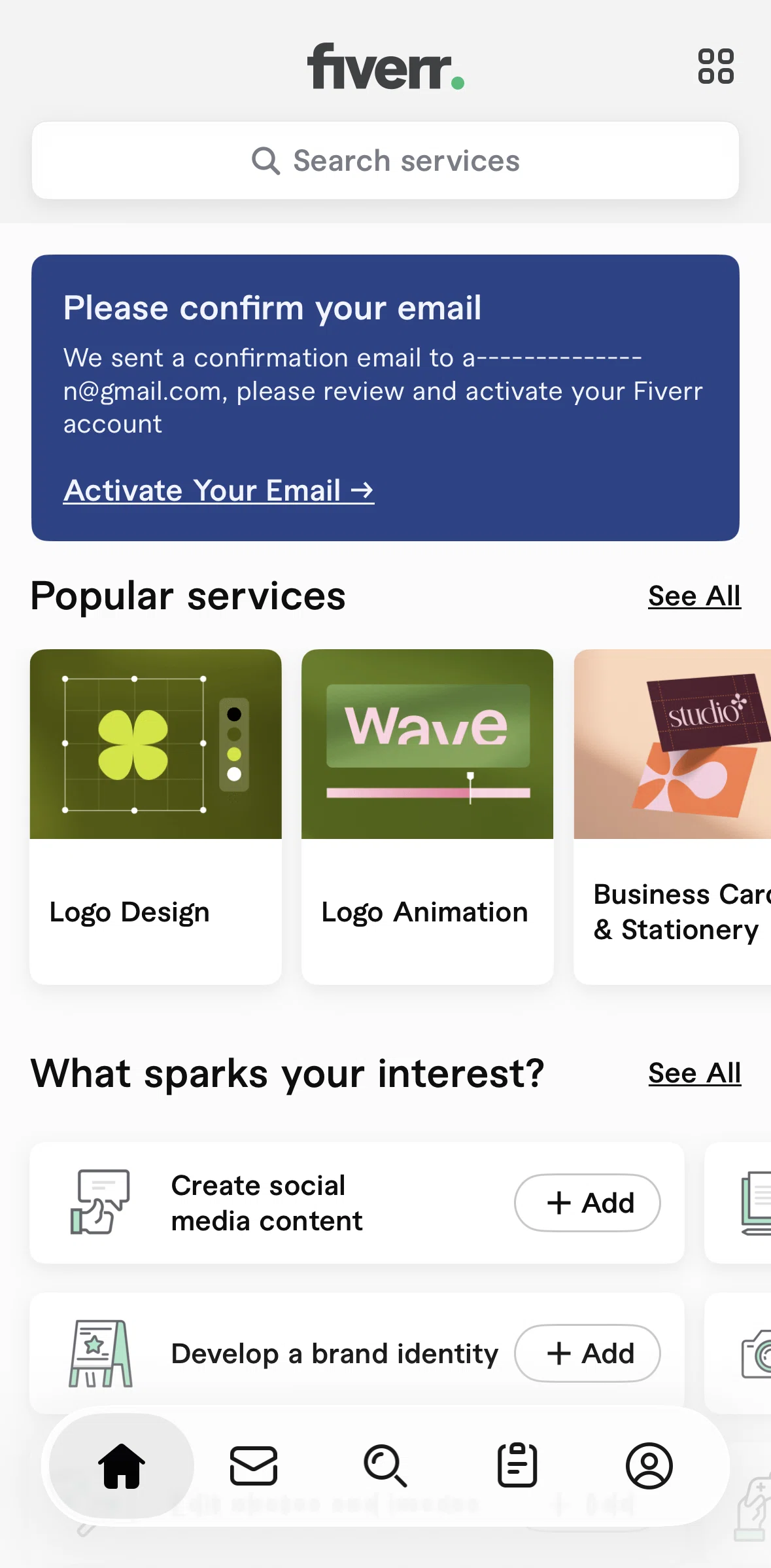 Fiverr Screen screen in the Home (buyer) flow