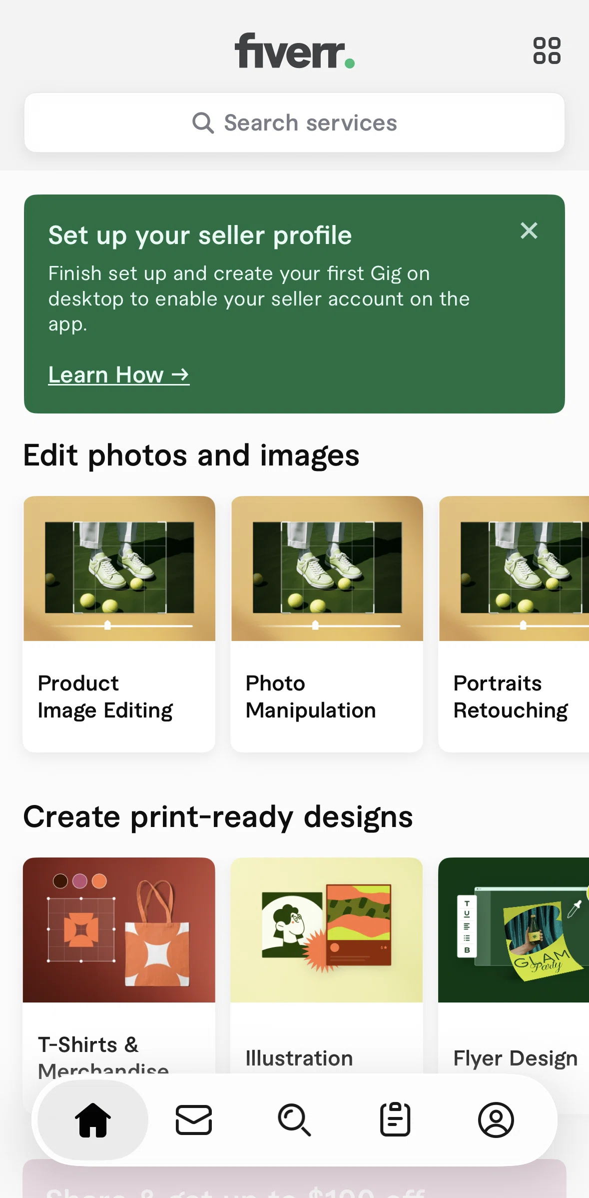 Fiverr Screen screen in the Home (seller) flow