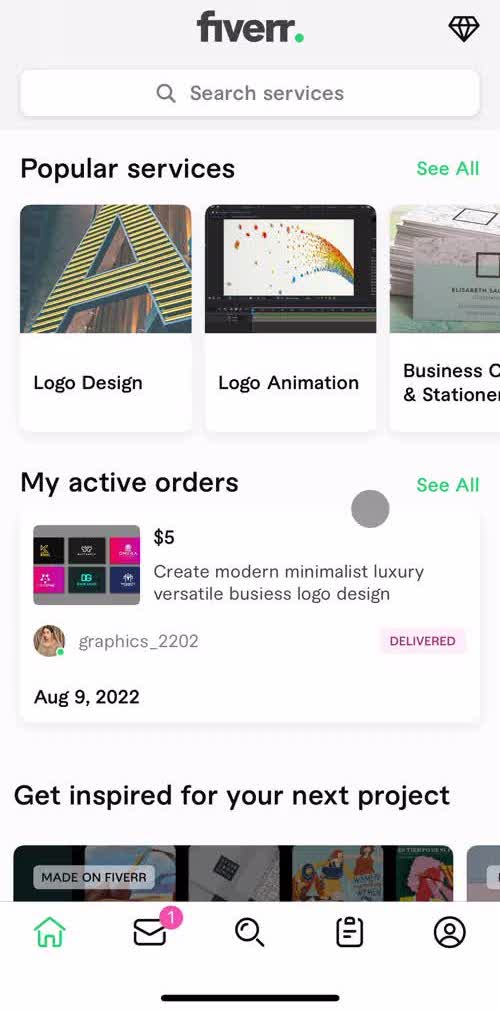 Fiverr Home screen in the Leaving A Review flow