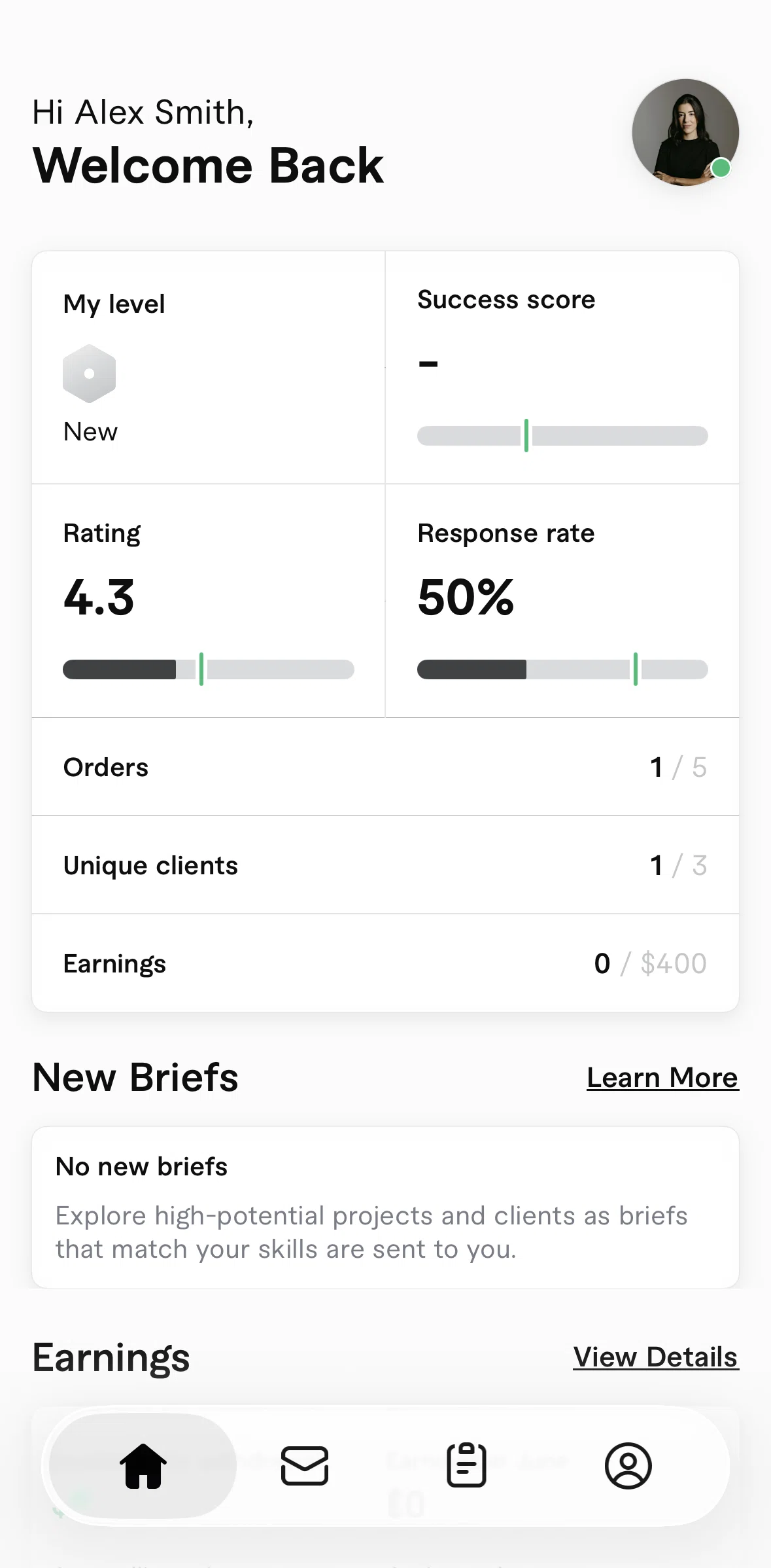 Fiverr Screen screen in the Level overview flow