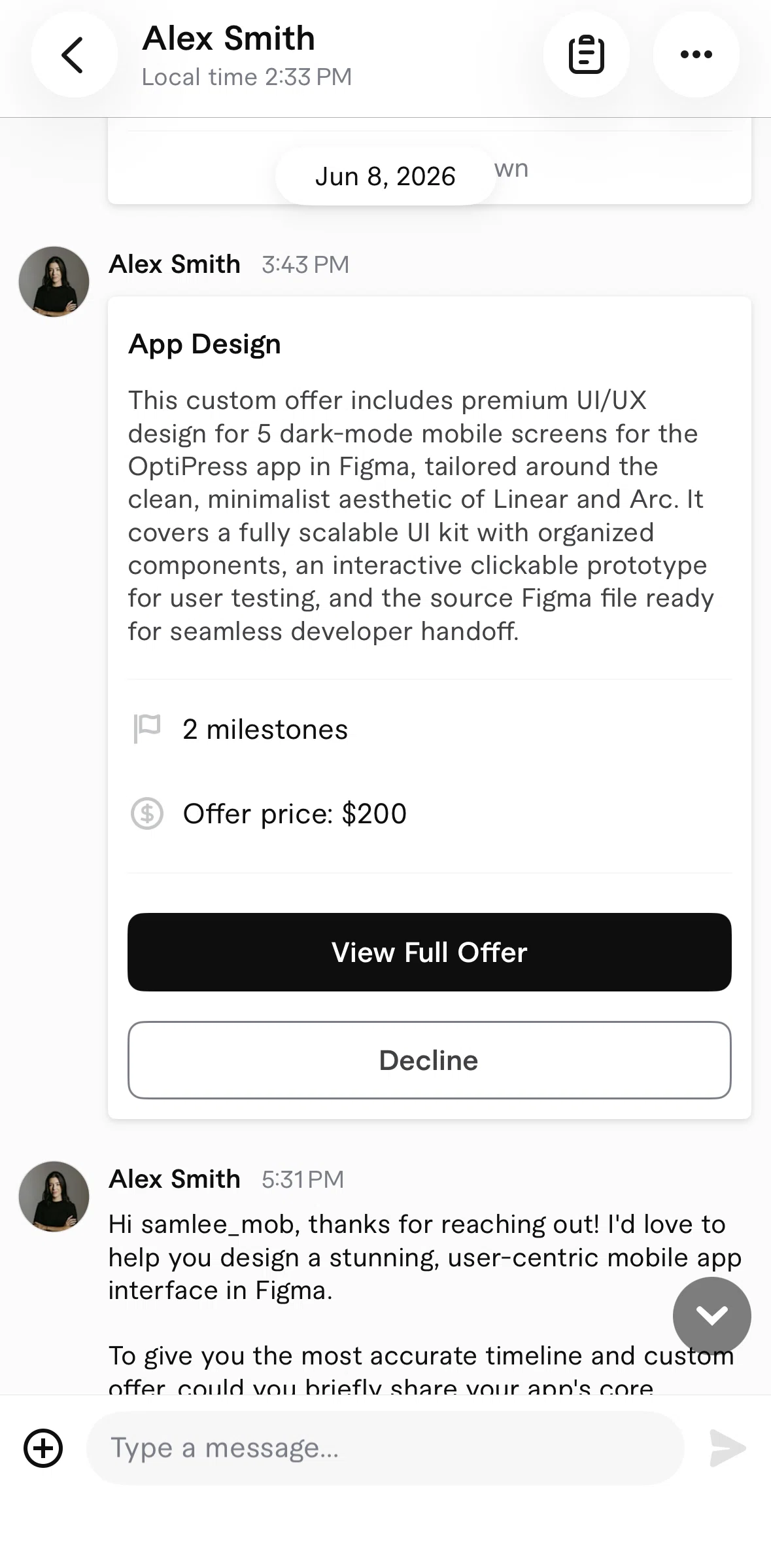 Fiverr Screen screen in the Milestones offer detail flow