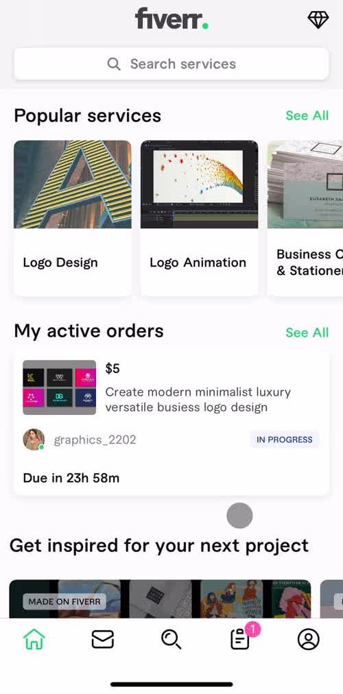 Fiverr Home screen in the Saving flow