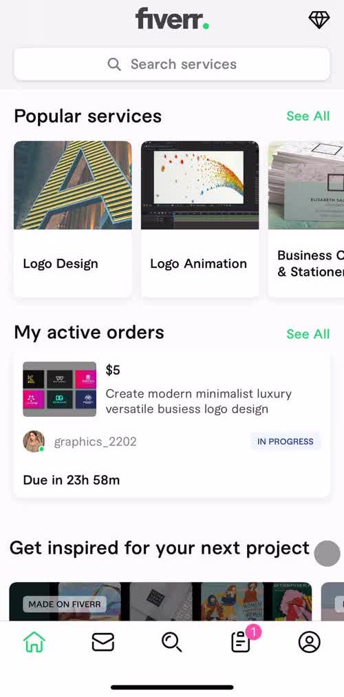 Fiverr Home screen in the Searching flow