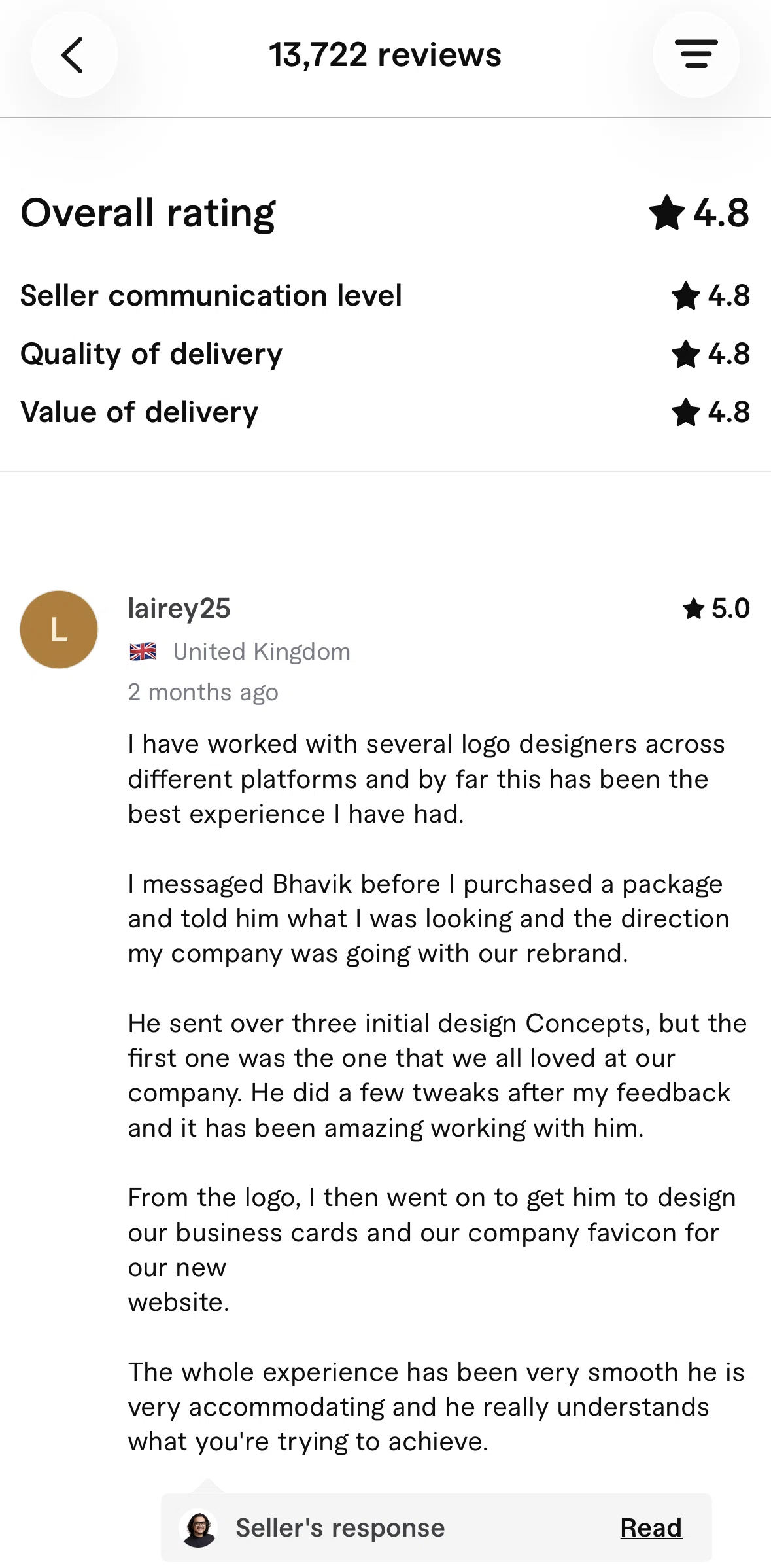 Fiverr Screen screen in the Sorting reviews flow