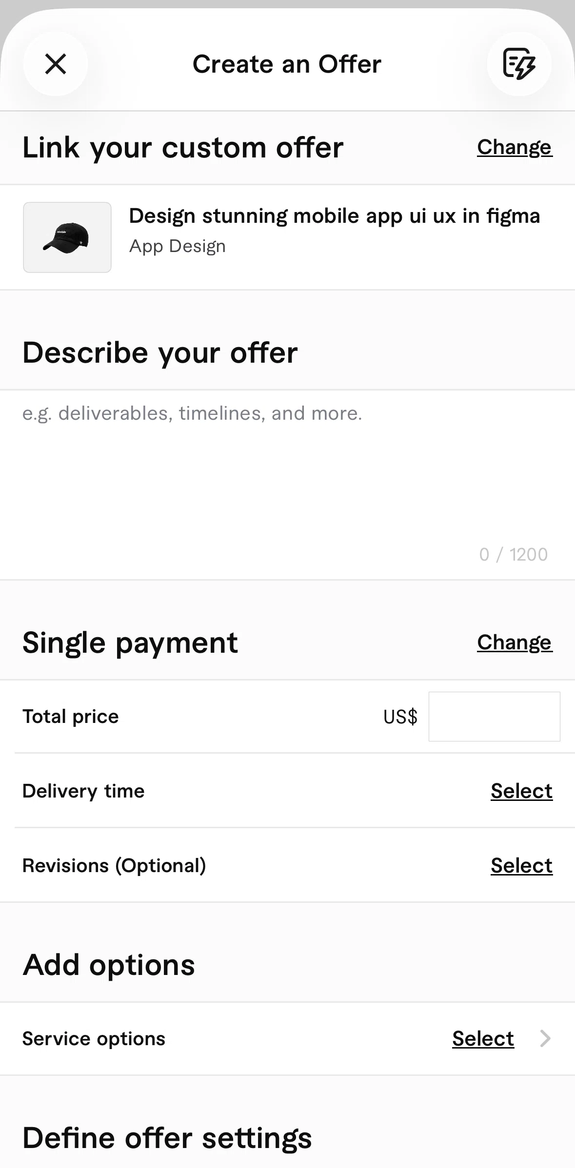 Fiverr Screen screen in the Templates flow
