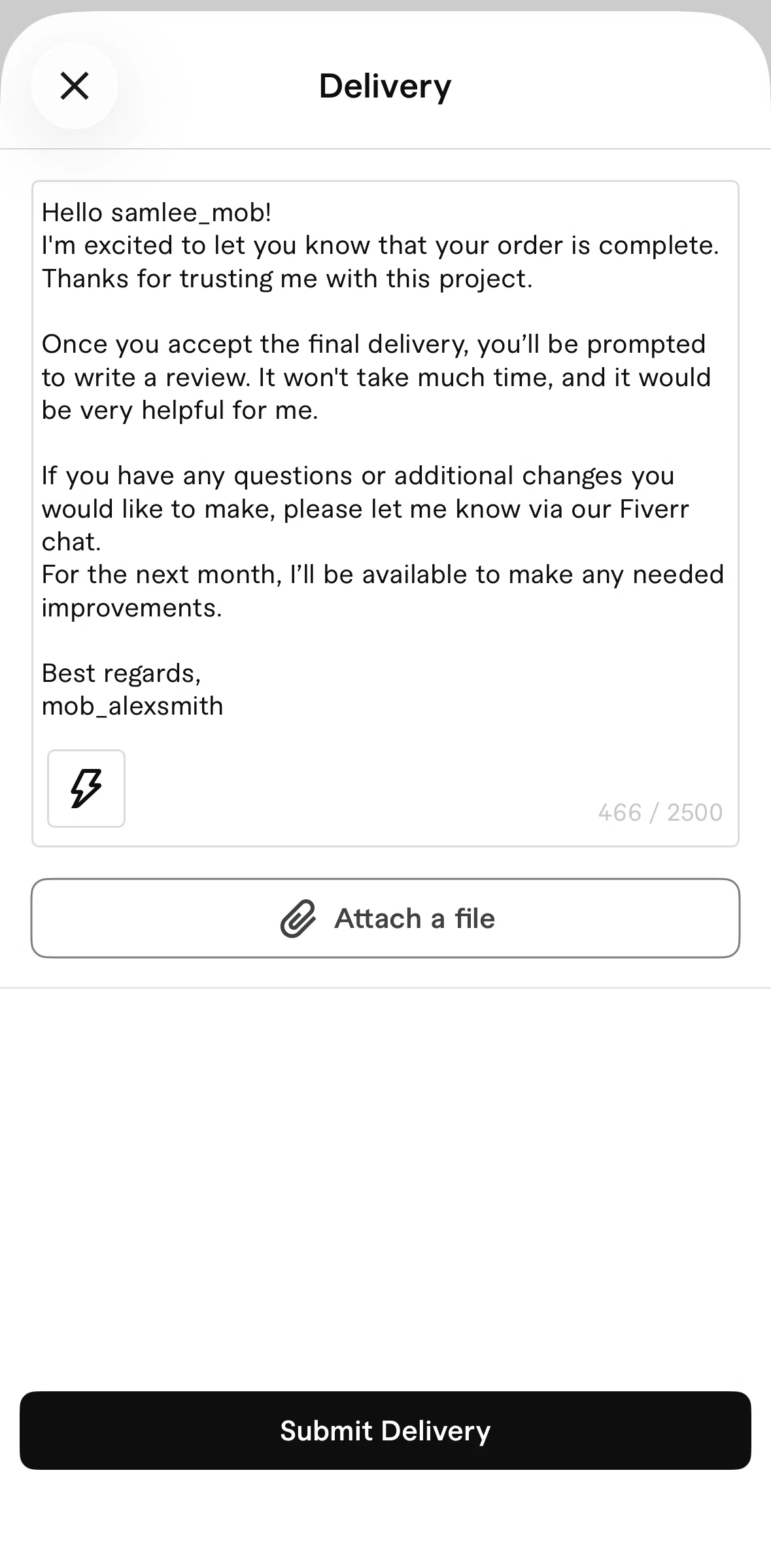 Fiverr Screen screen in the Uploading a file flow