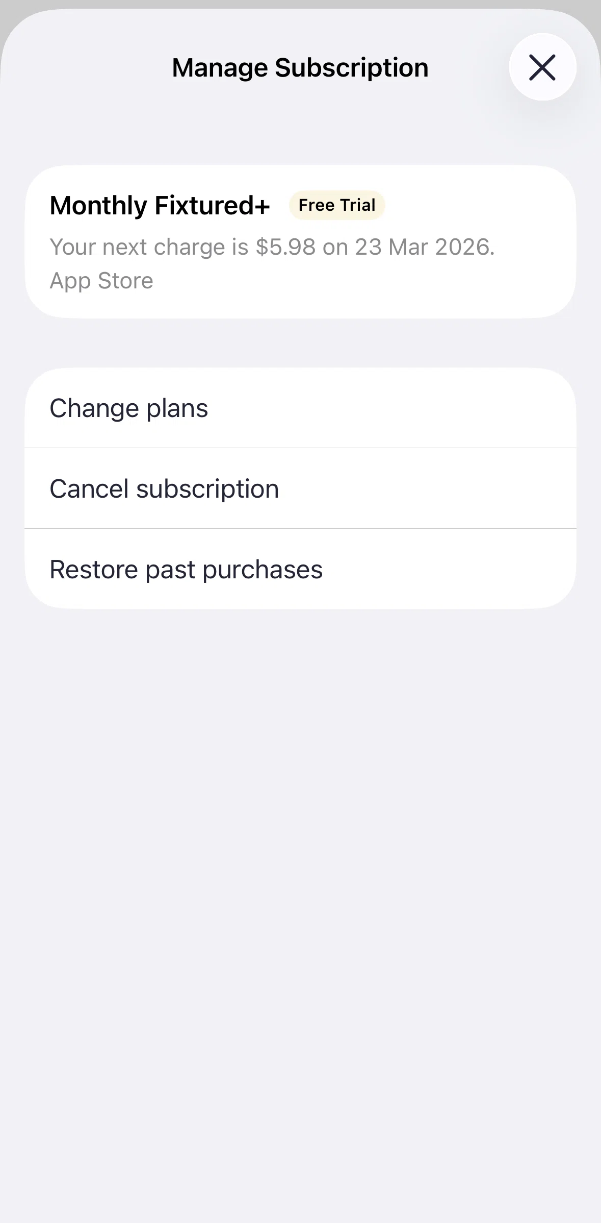 Fixtured Screen screen in the Canceling a subscription flow