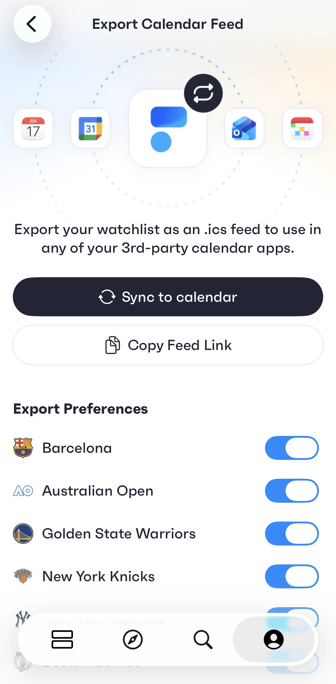 Fixtured Screen screen in the Copying a feed link flow