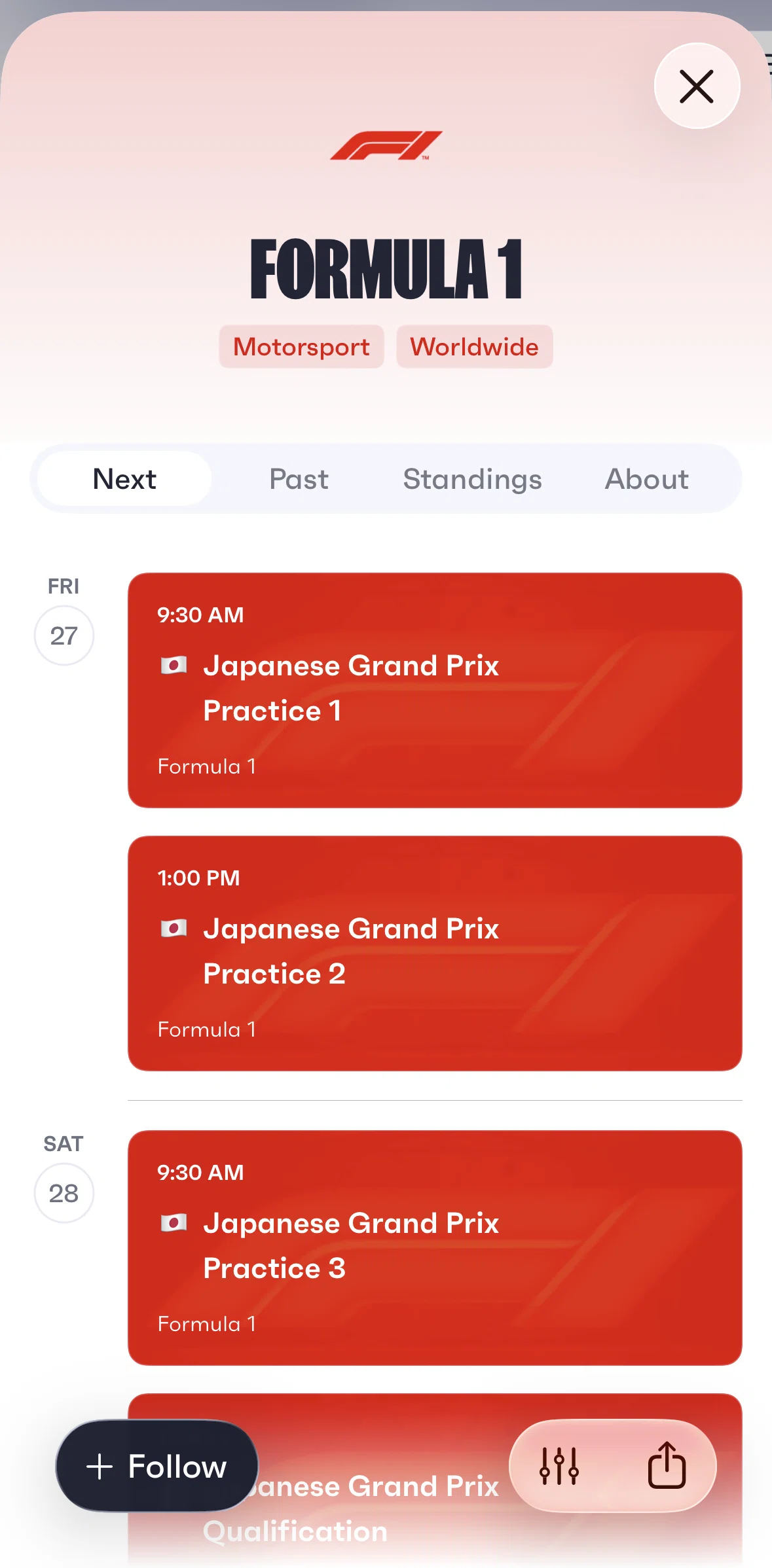 Fixtured Screen screen in the Event detail (motorsport) flow