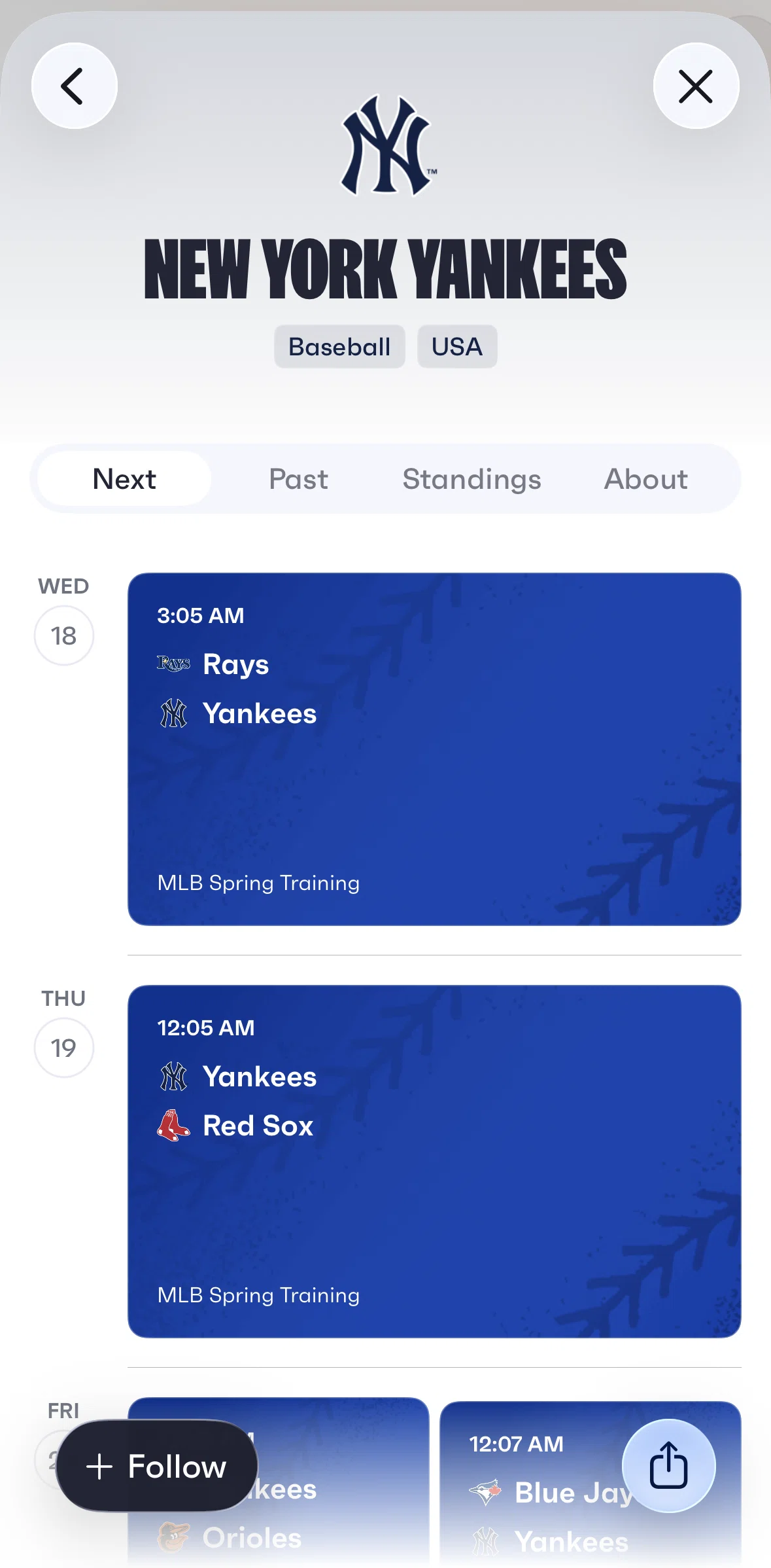 Fixtured Screen screen in the Following a team flow