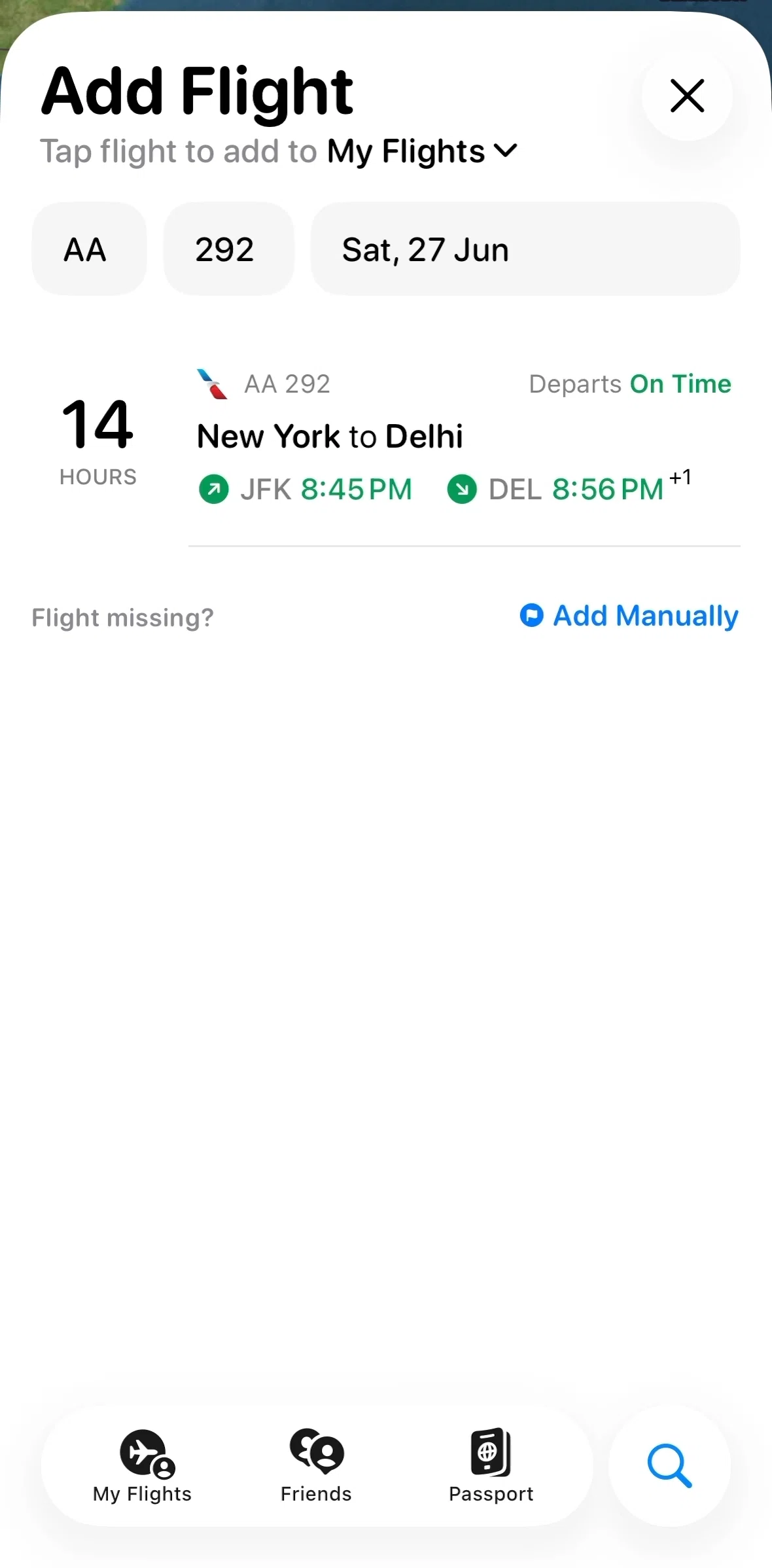 Flighty Screen screen in the Adding a flight (manually) flow