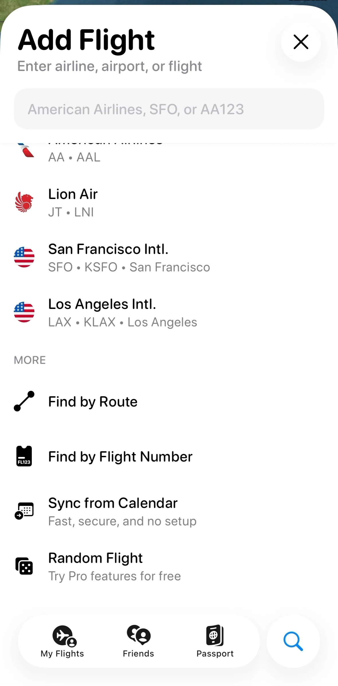 Flighty Screen screen in the Adding a flight (random flight) flow
