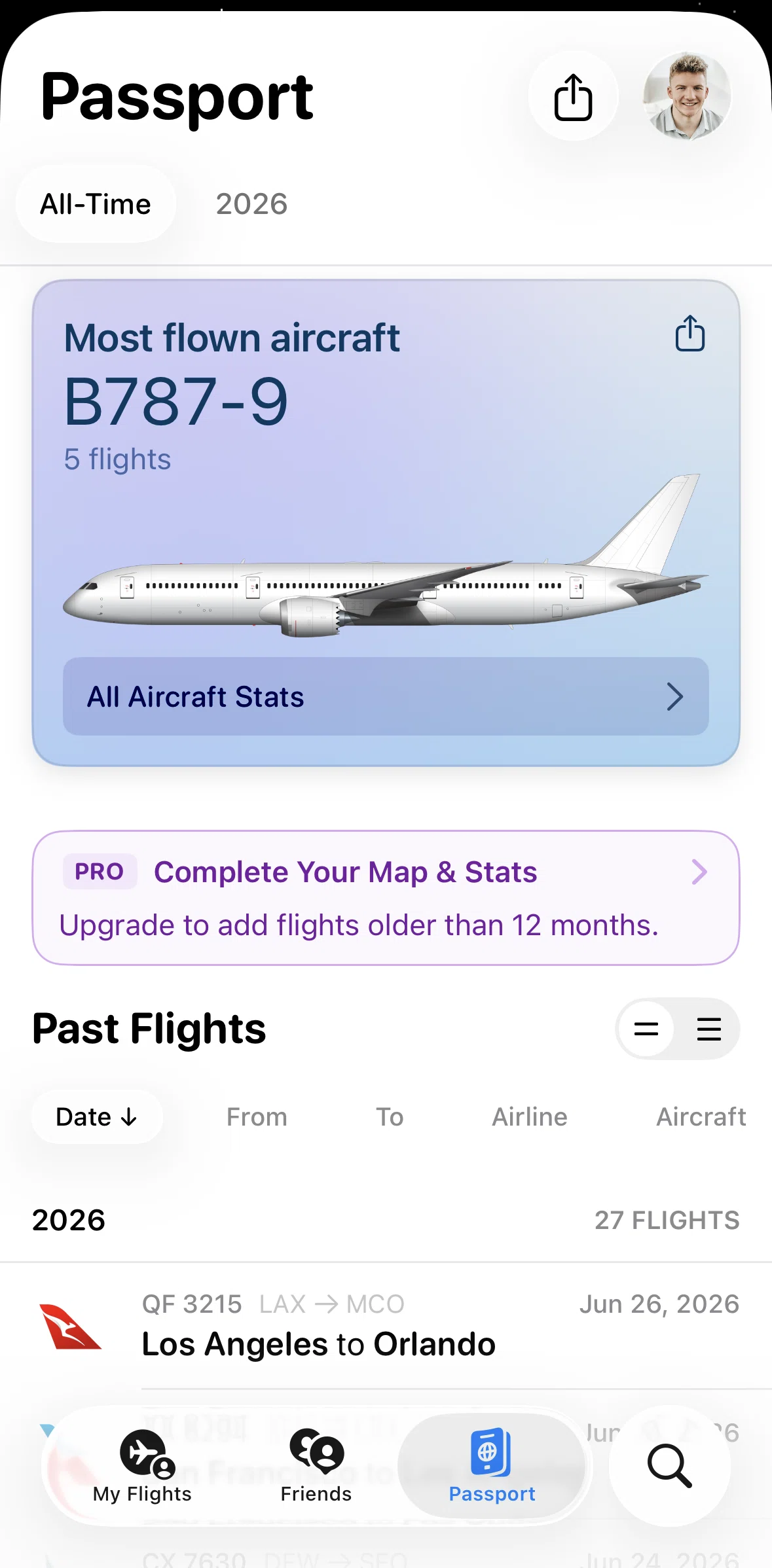 Flighty Screen screen in the Aircraft stats flow