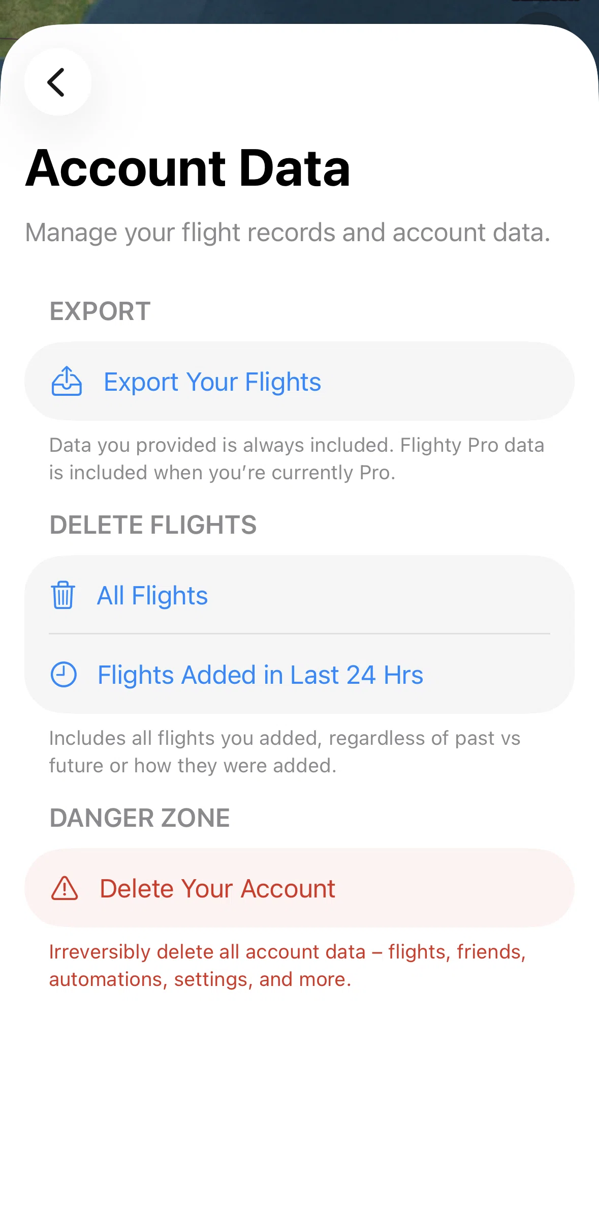 Flighty Screen screen in the Deleting account flow