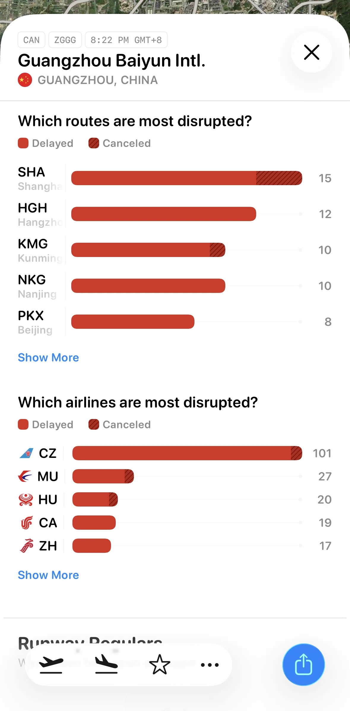 Flighty Screen screen in the Disrupted routes flow