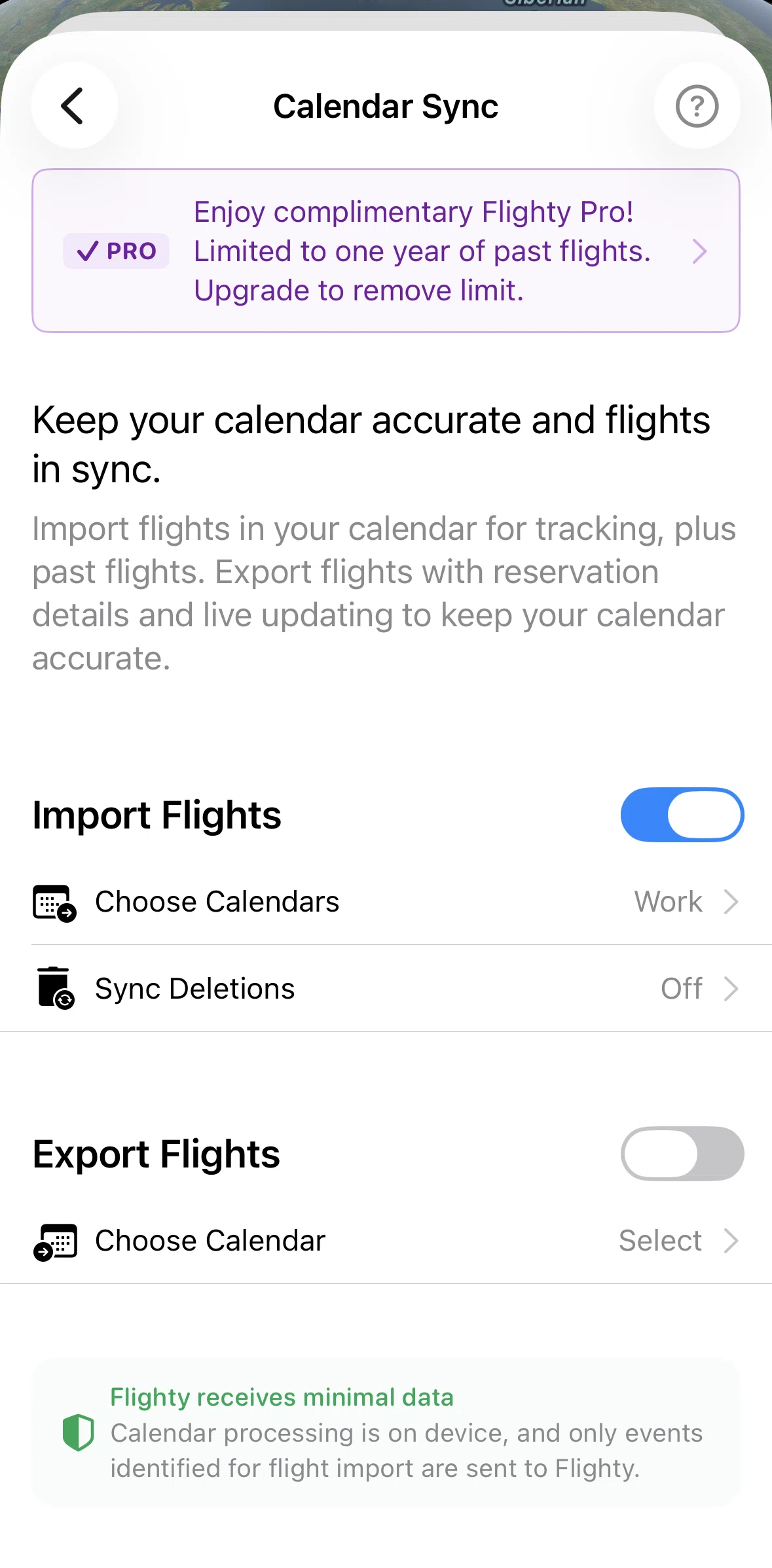 Flighty Screen screen in the Enabling sync deletions flow