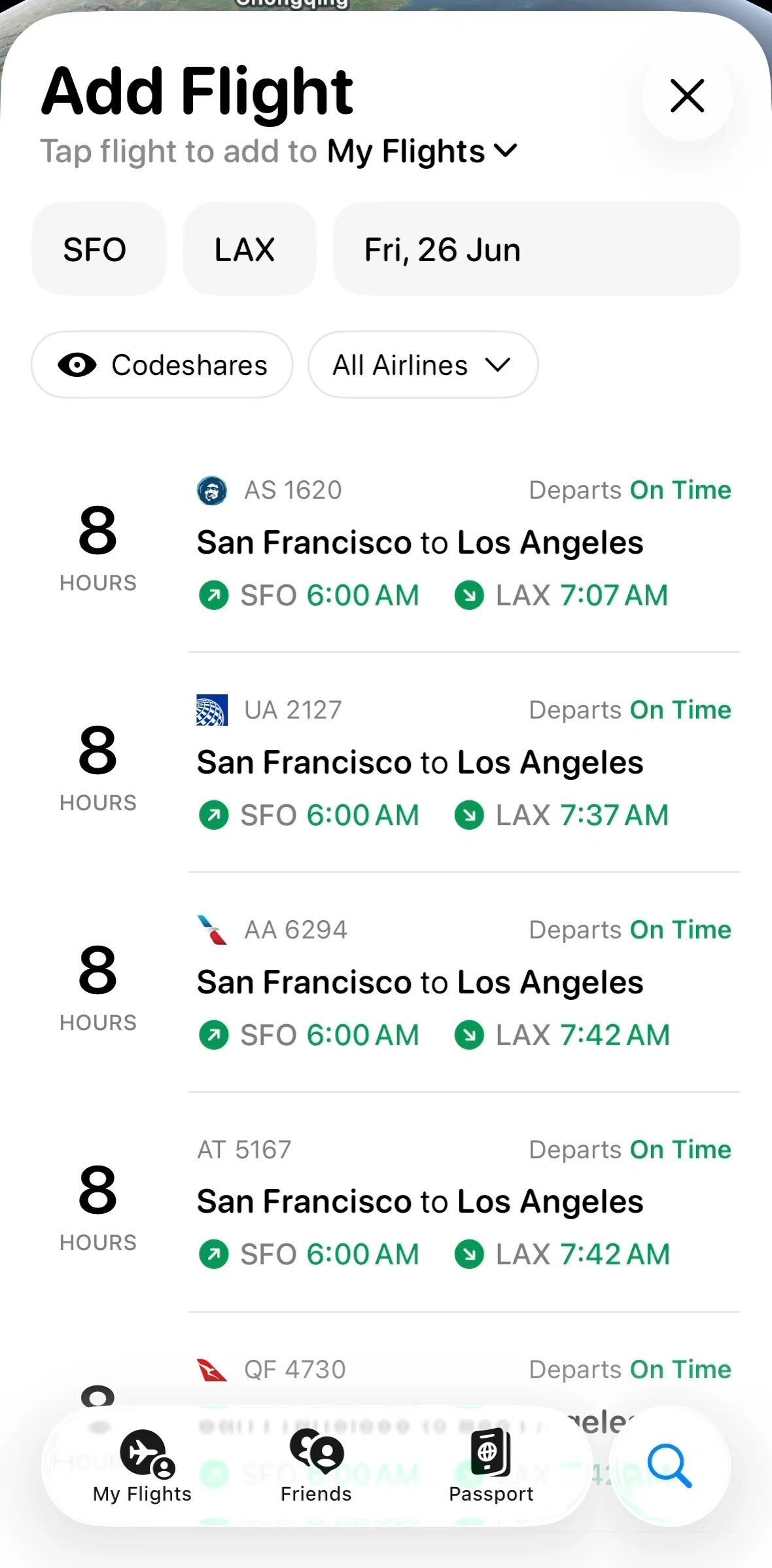 Flighty Screen screen in the Filtering flights by airlines flow