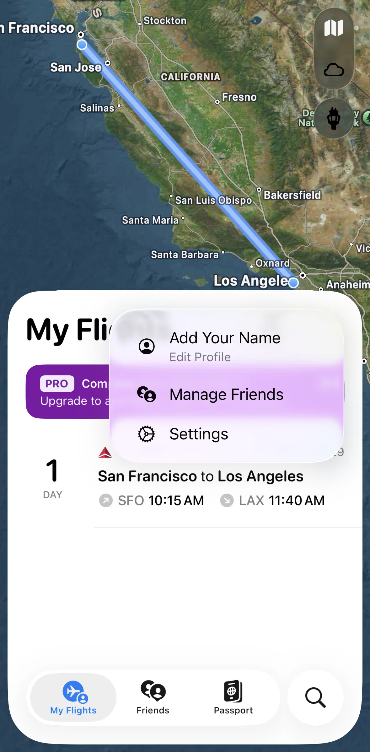 Flighty Screen screen in the Manage friend flow