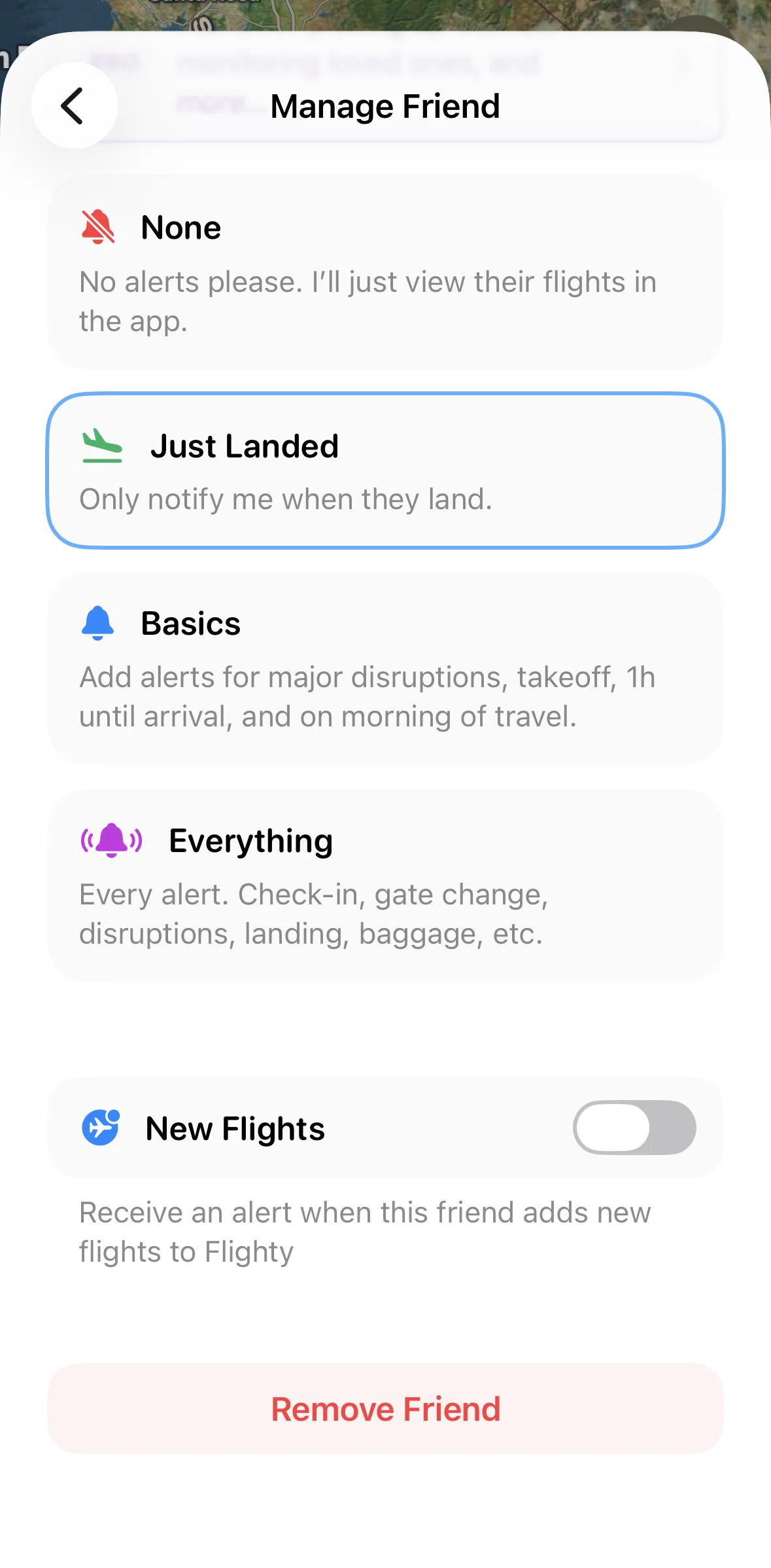 Flighty Screen screen in the Removing a friend flow