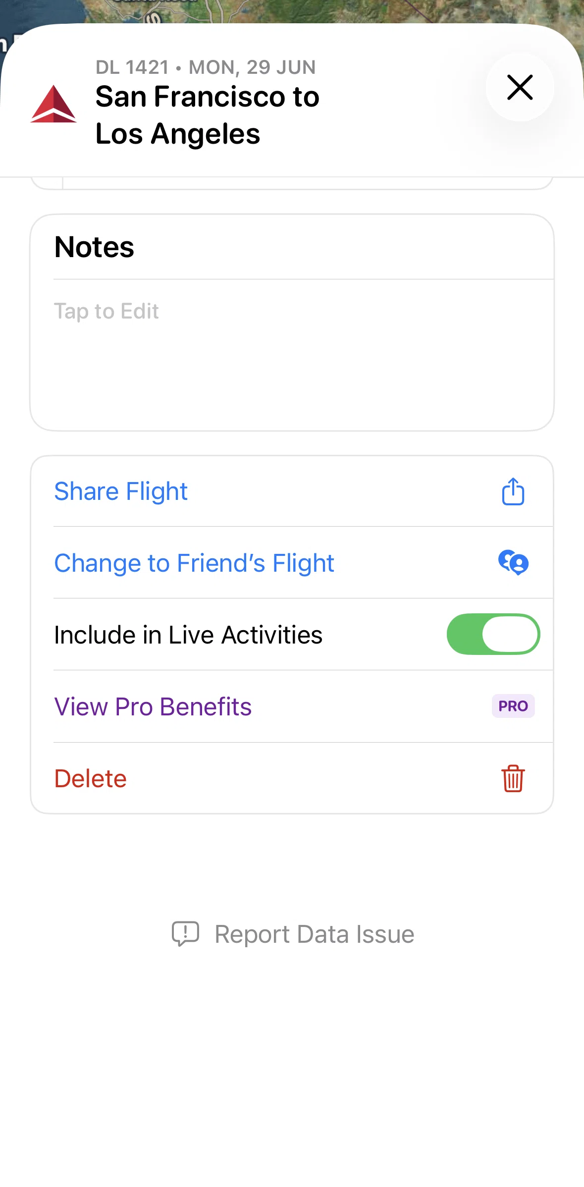 Flighty Screen screen in the Reporting a data issue flow