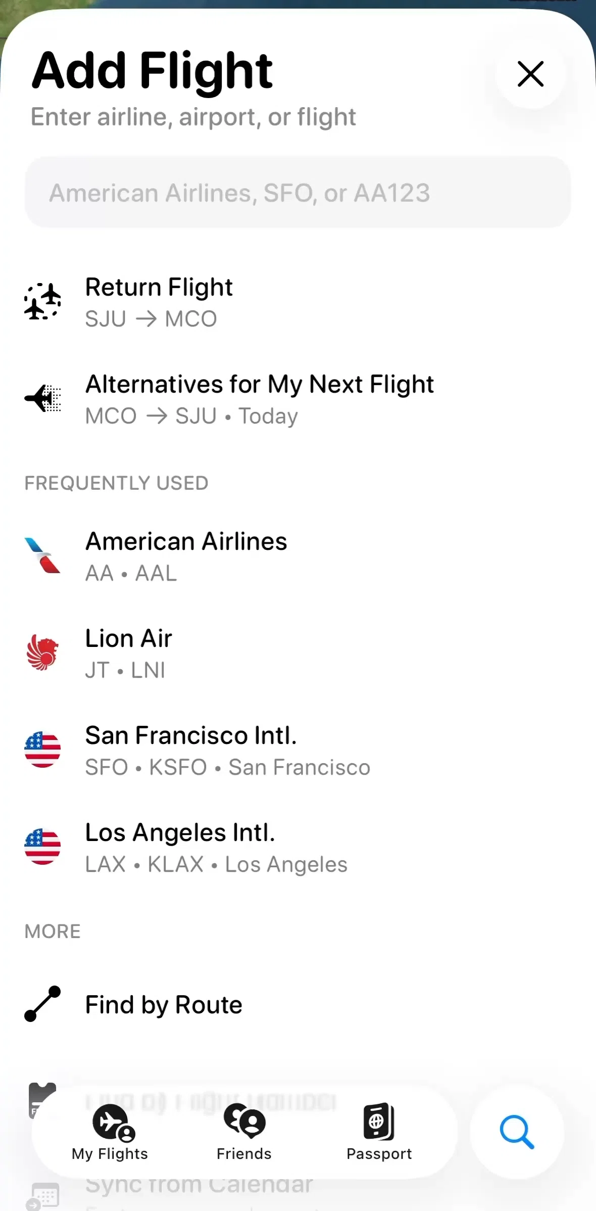 Flighty Screen screen in the Searching flights by flight number flow