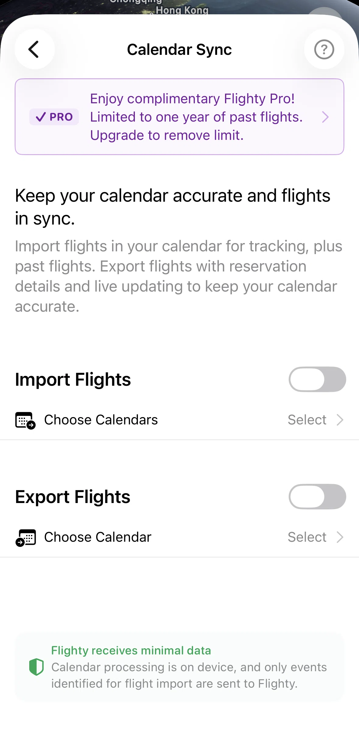 Flighty Screen screen in the Syncing with calendar flow