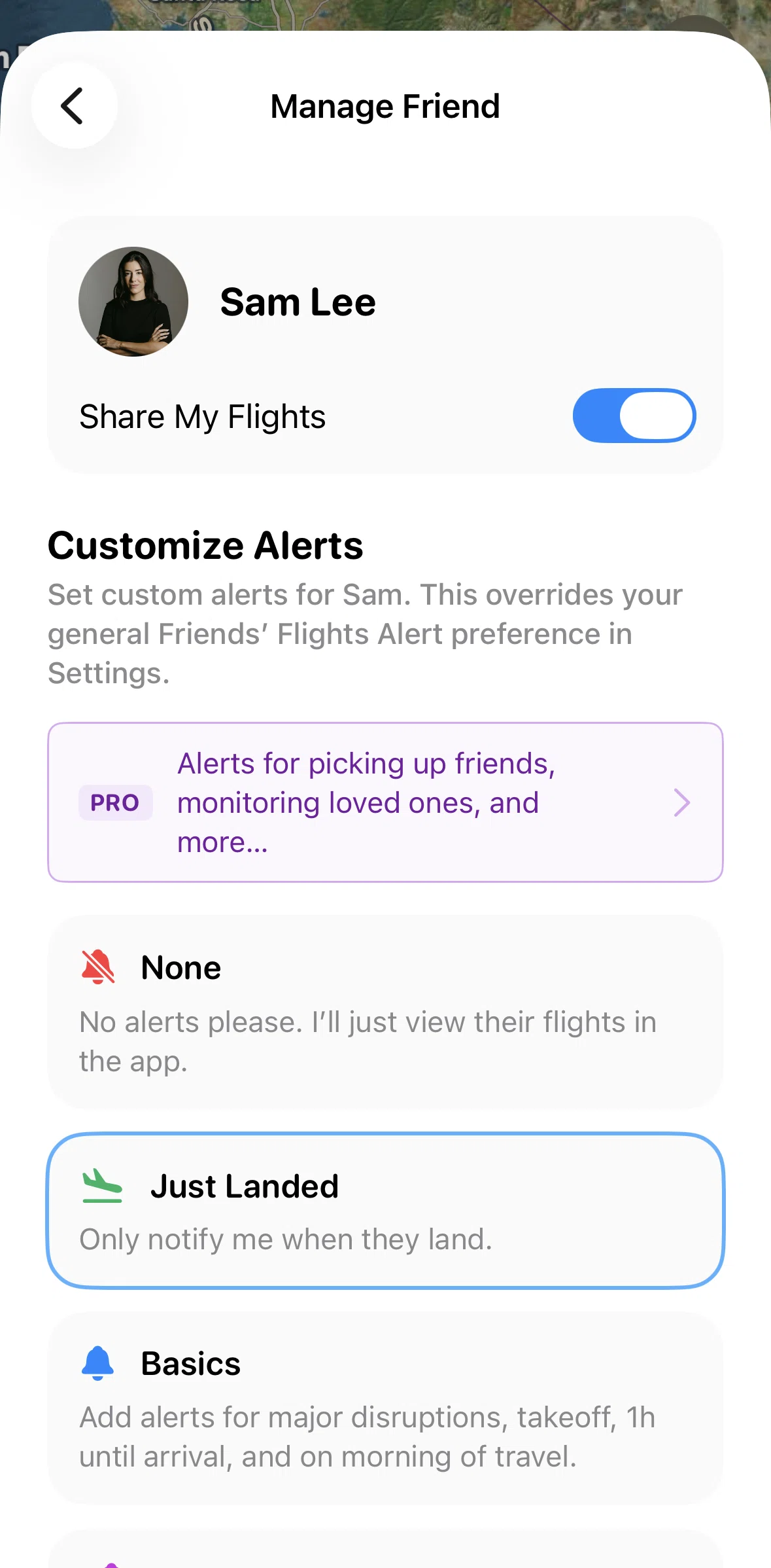 Flighty Screen screen in the Turning off flights sharing flow