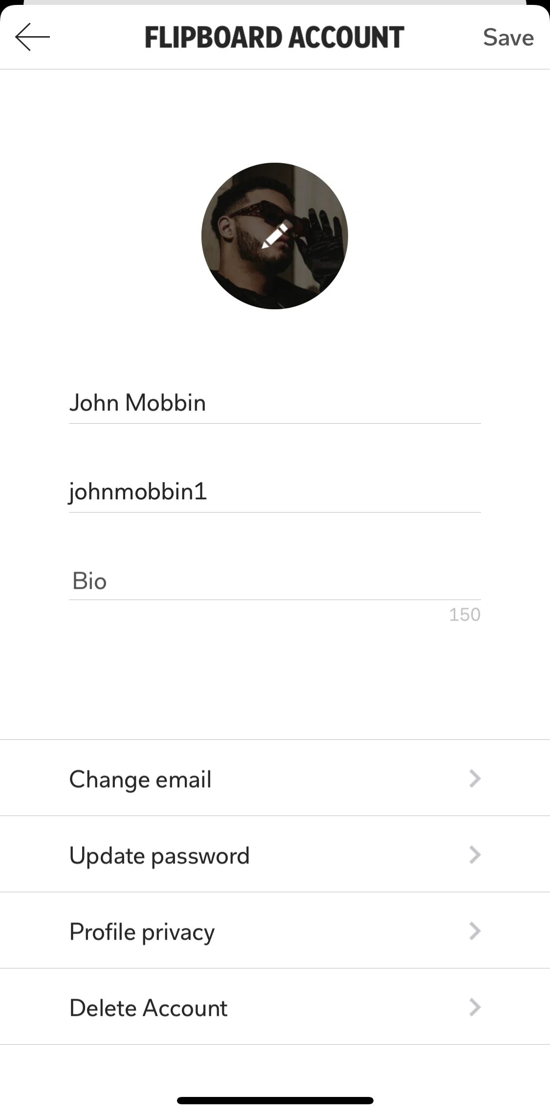 Flipboard Screen screen in the Adding a bio flow