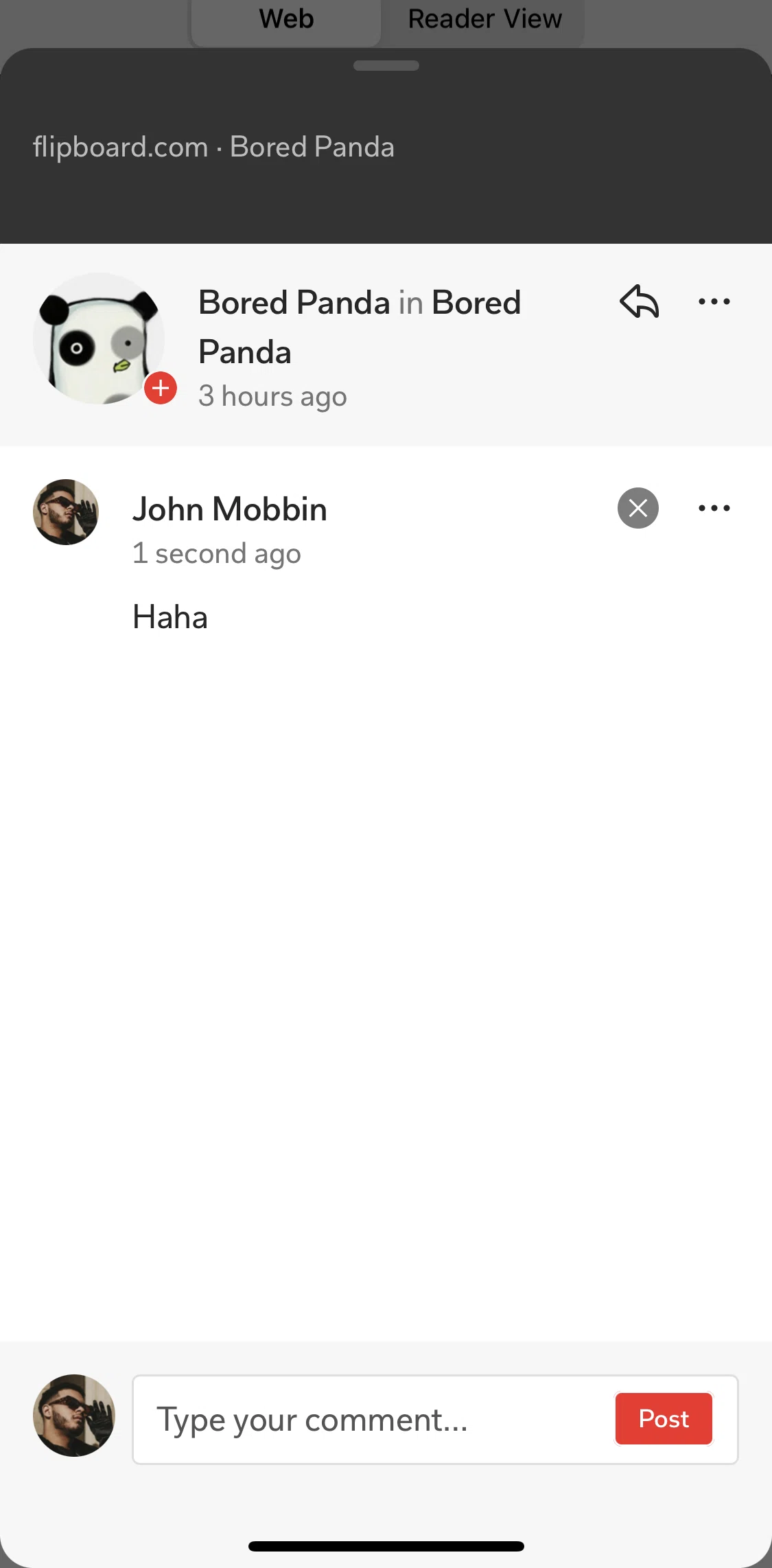 Flipboard Screen screen in the Reporting a user flow