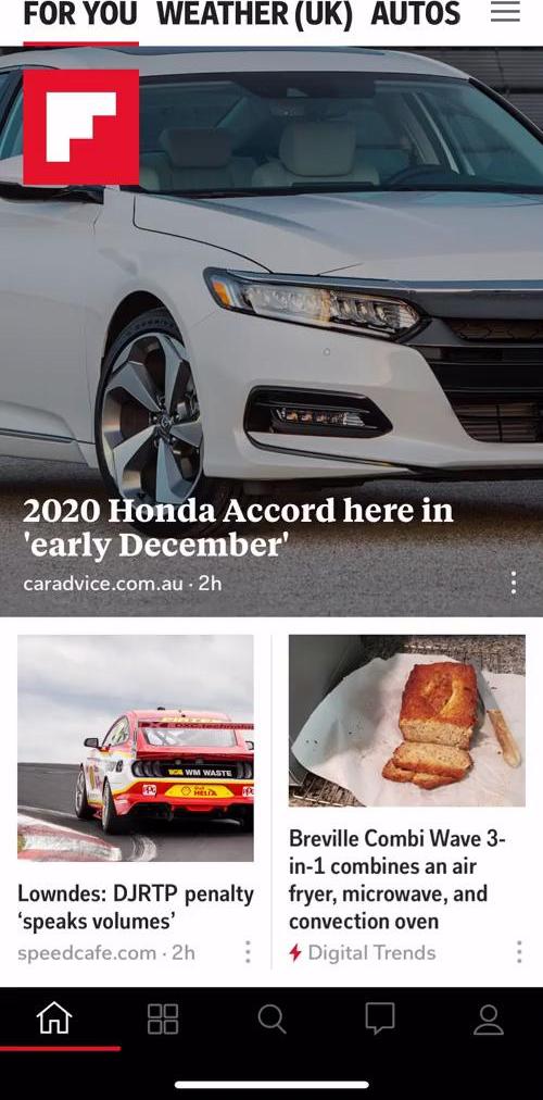Flipboard Home feed screen in the Saving flow